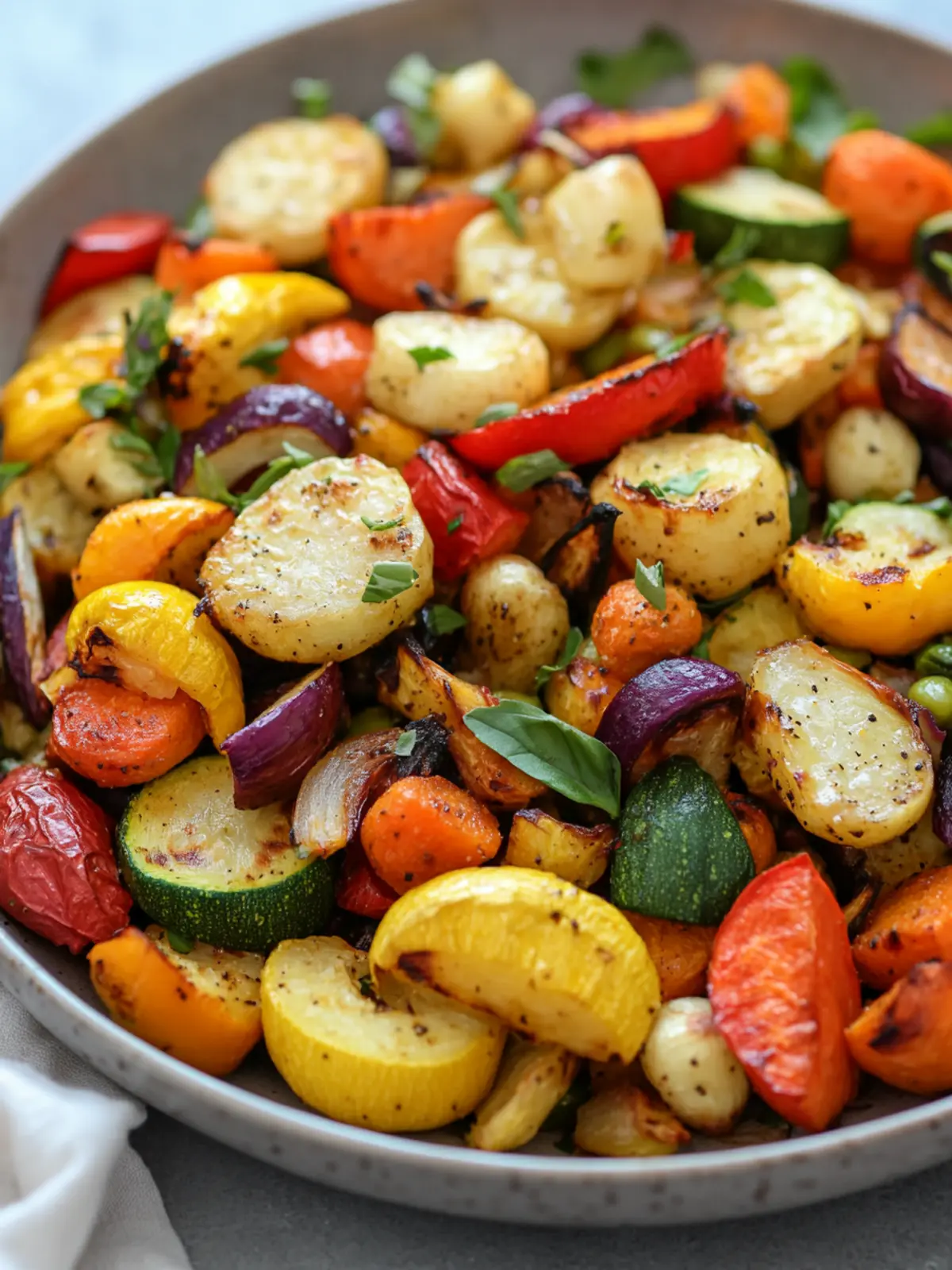 Warm Roasted Veggie Salad with Maple Dijon Vinaigrette