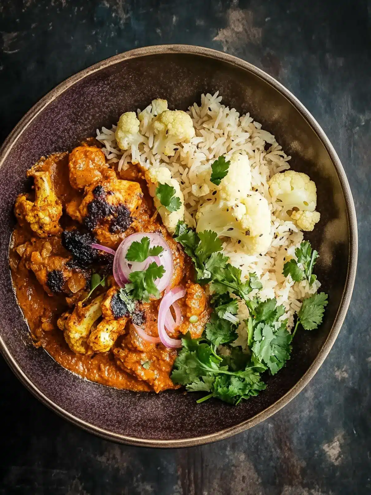 Chicken and black garlic madras with cauliflower and tamarind-coconut rice