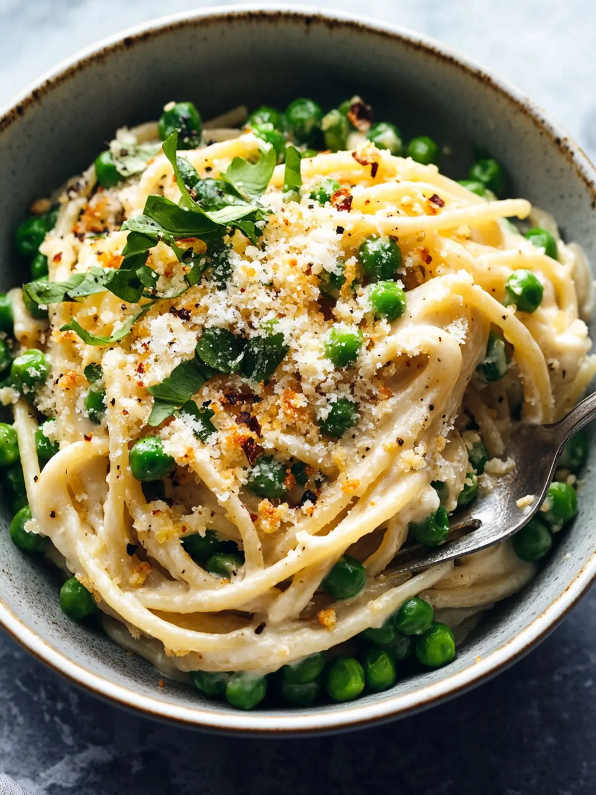 Garlic Cream Bucatini with Peas and Asparagus