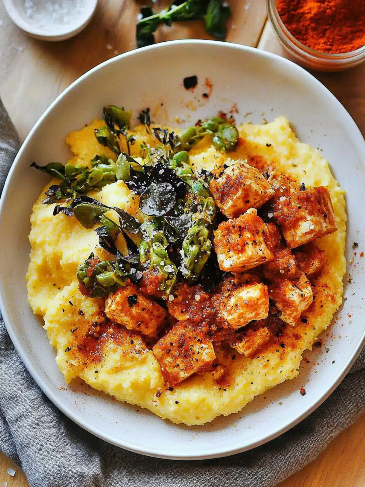 Vegan Cacio E Pepe Polenta with Spicy Tofu