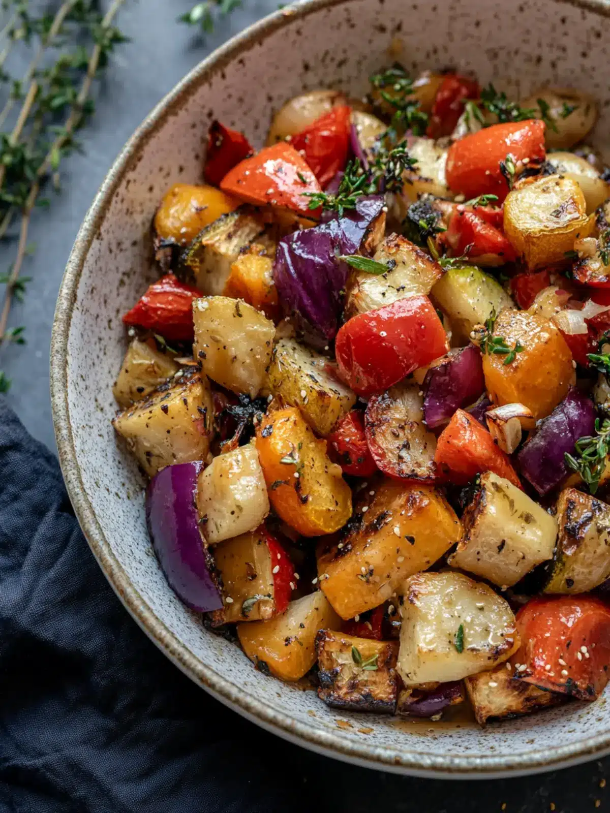 Warm Roasted Veggie Salad with Maple Dijon Vinaigrette