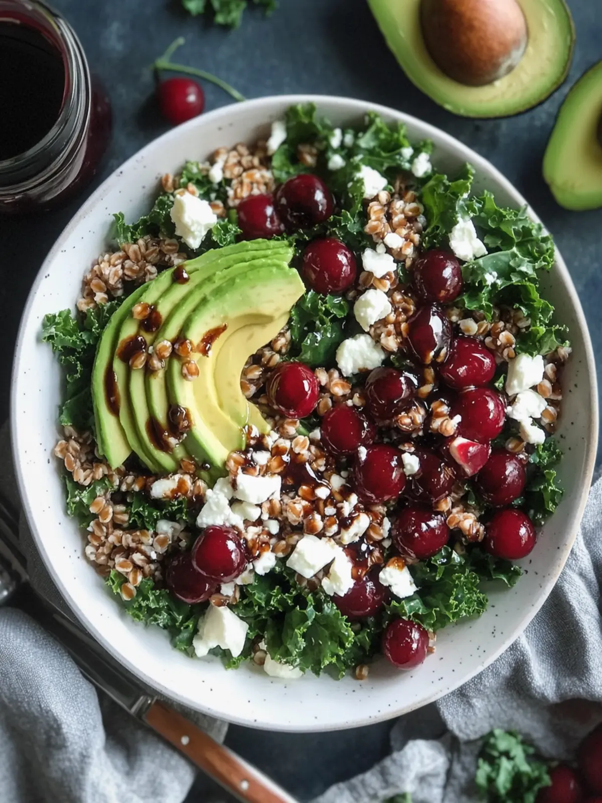 Cherry Kale Salad with Farro, Avocado, Feta, and Cherry Balsamic Vinaigrette