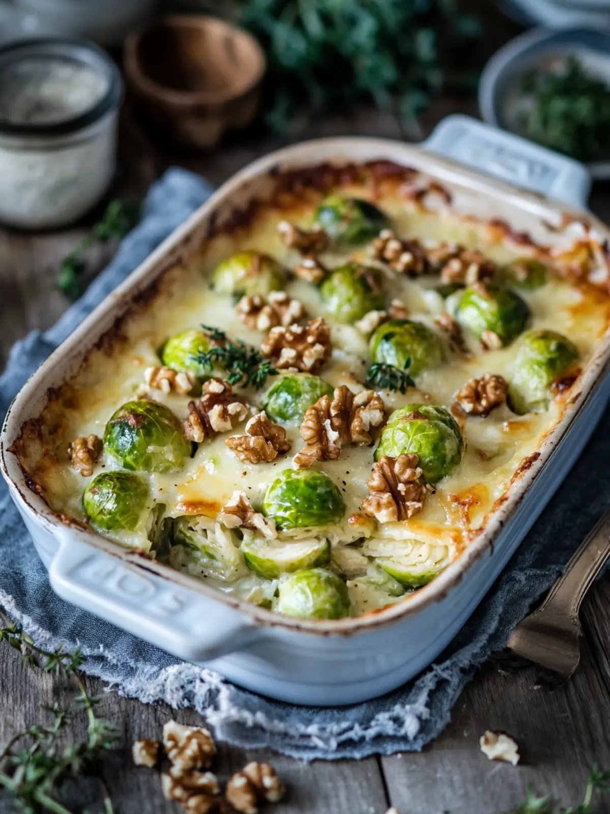 Creamy brussels sprout gratin with walnuts