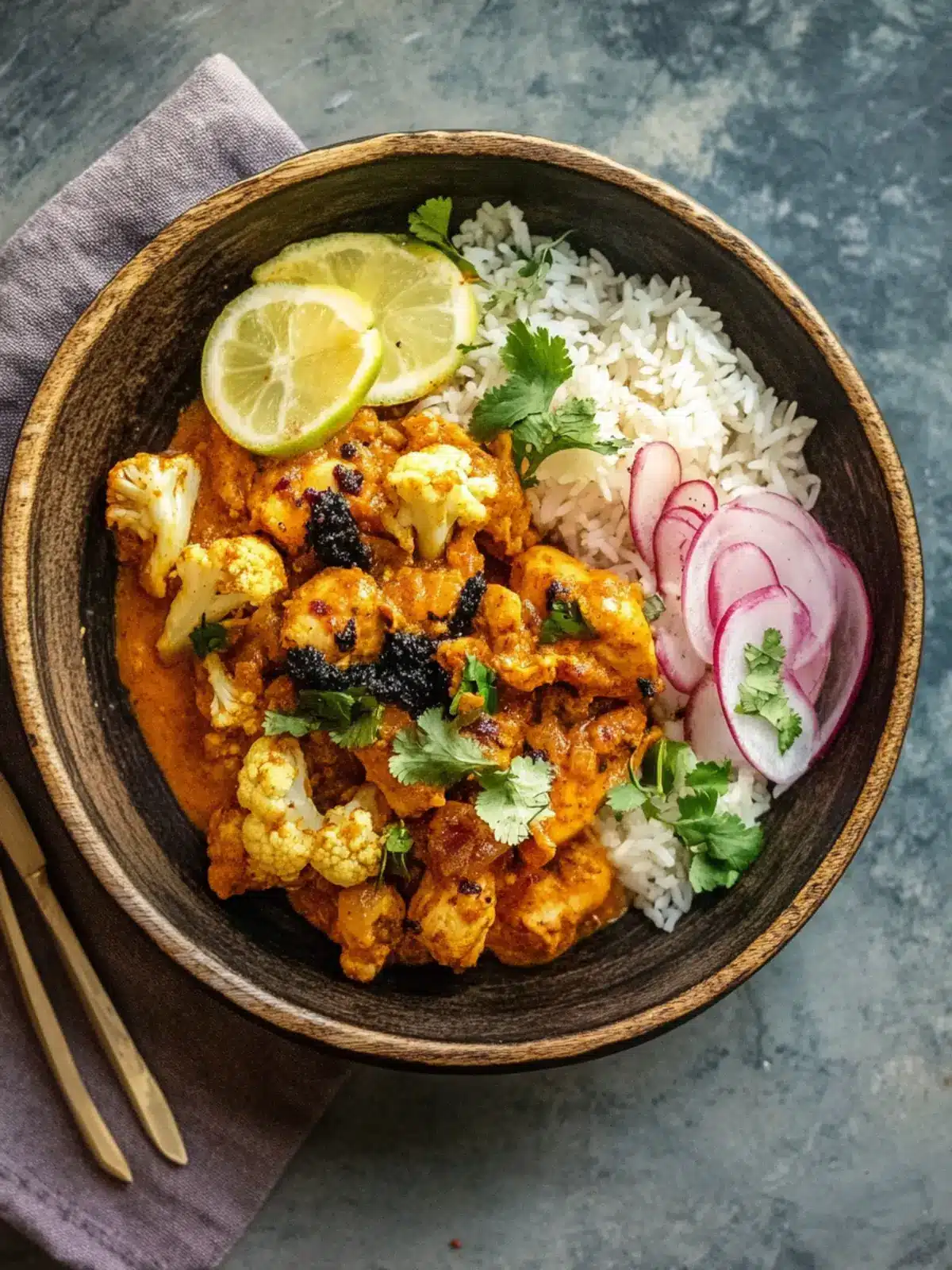 Chicken and black garlic madras with cauliflower and tamarind-coconut rice