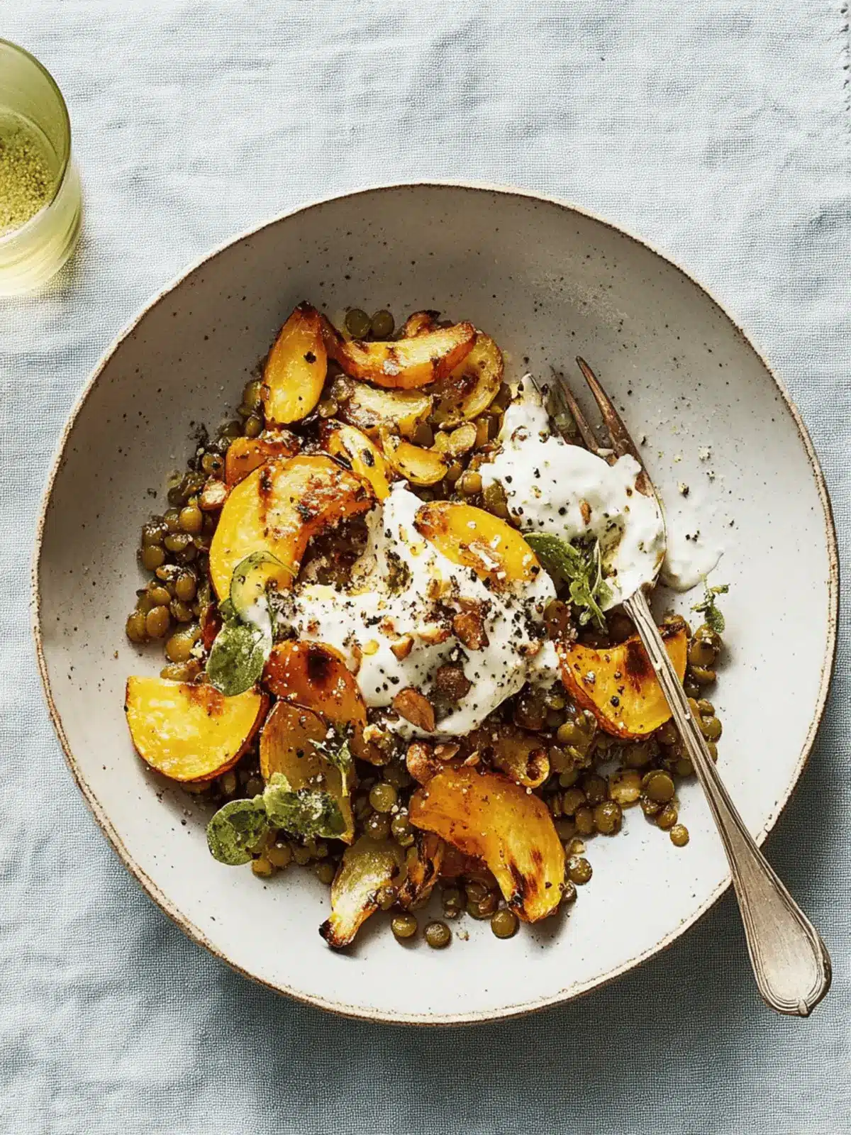 Fall Roasted Vegetable and Lentil Salad with Pine Nut Cream