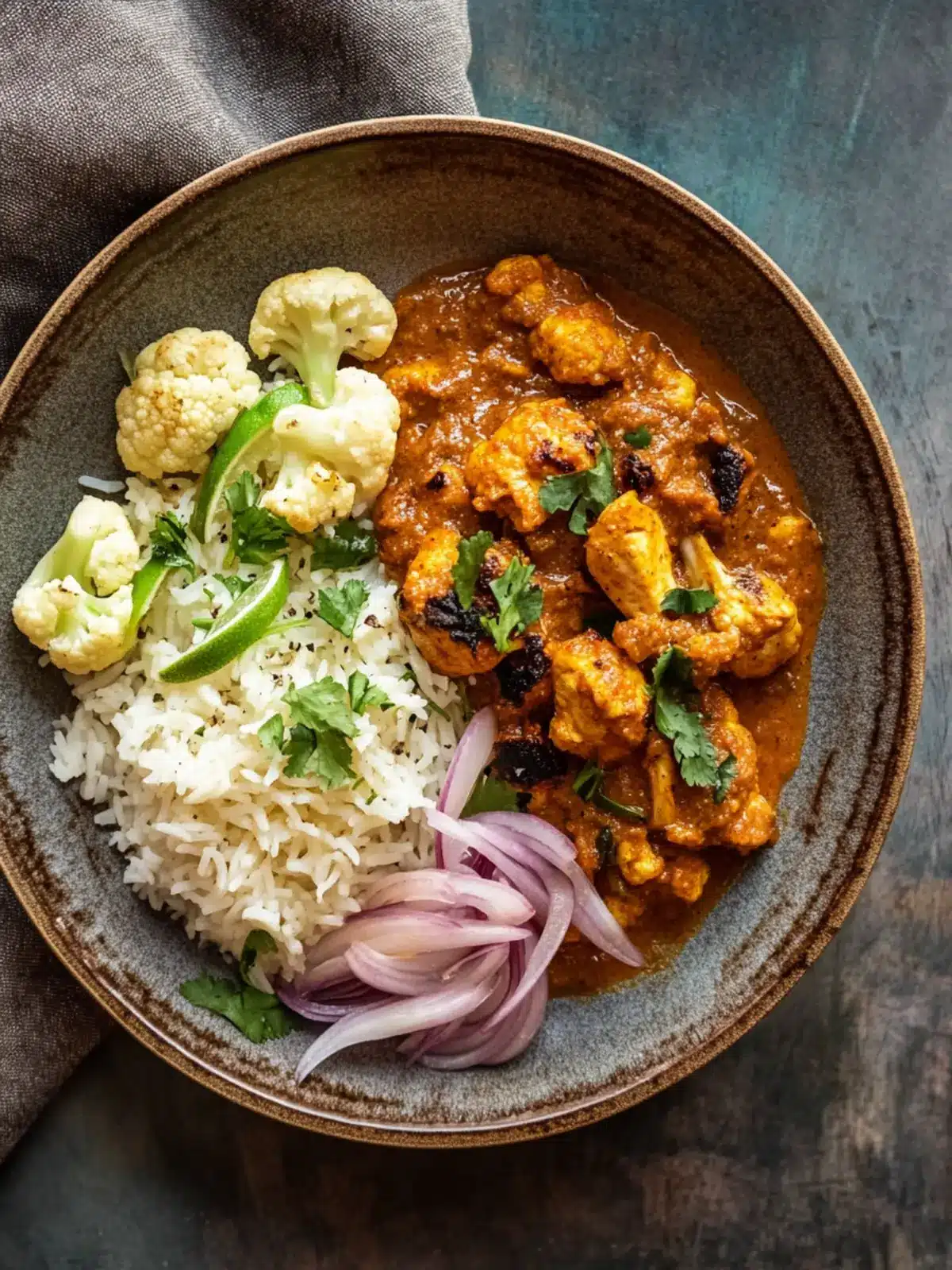 Chicken and black garlic madras with cauliflower and tamarind-coconut rice