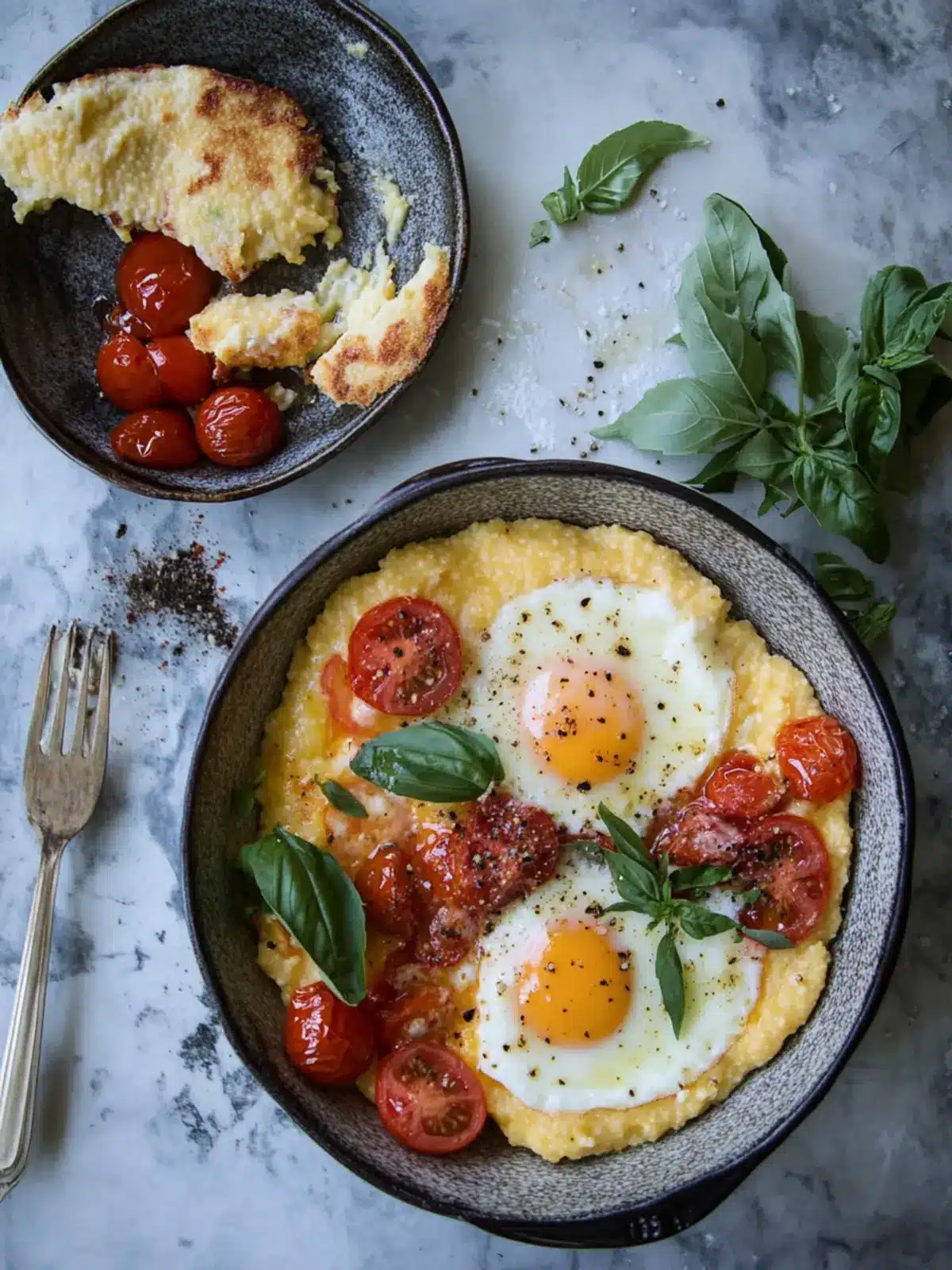 tomato-braised eggs and creamy baked polenta