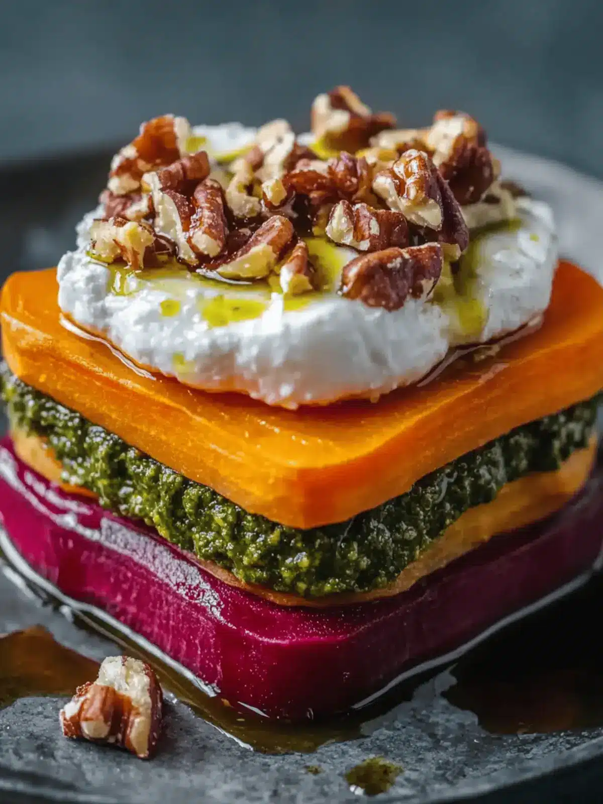 Sweet Potato & Beet Stacks with Pesto, Burrata & Walnuts