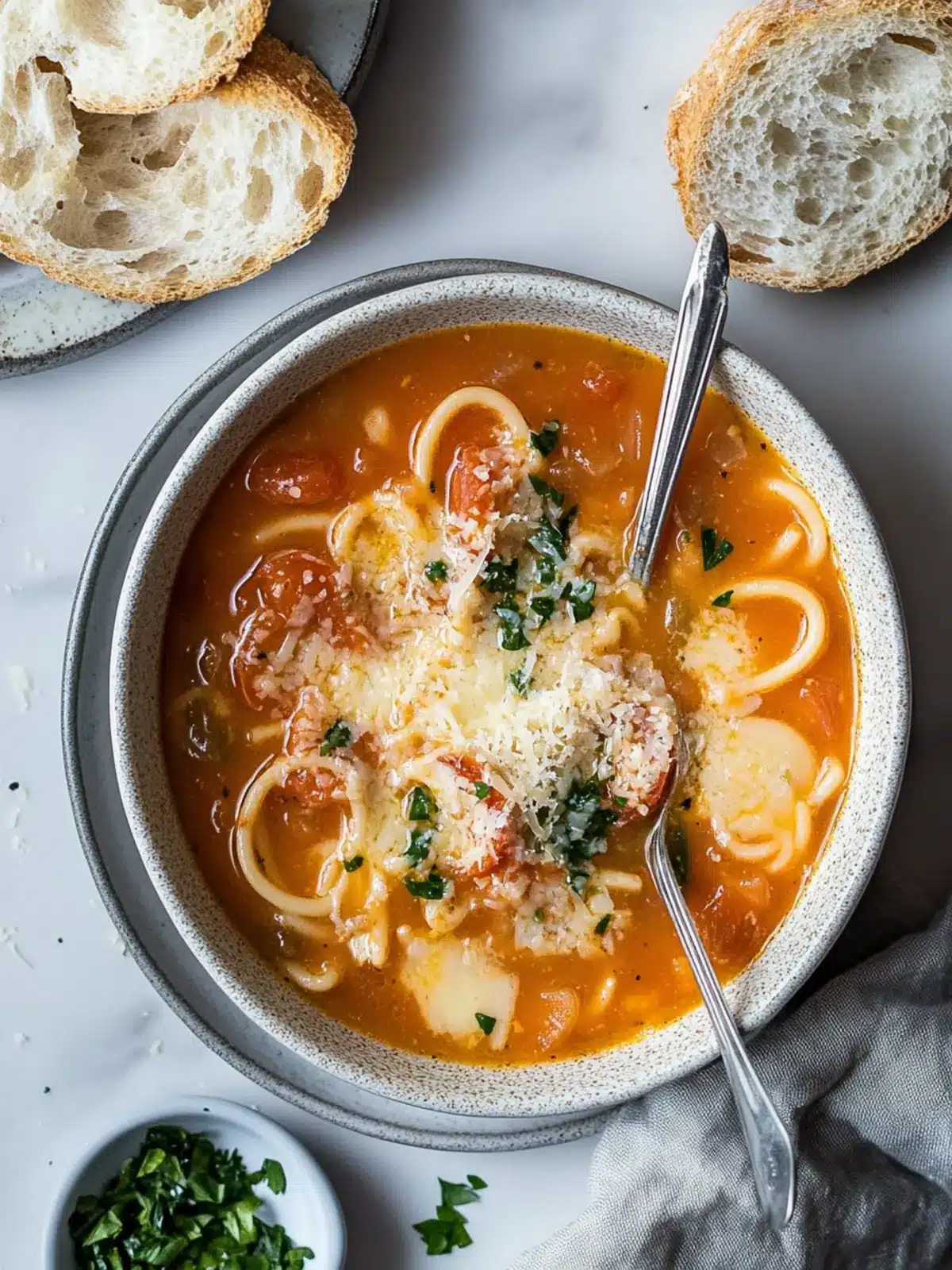Butter Onion Tomato Soup with Pasta and Parmesan