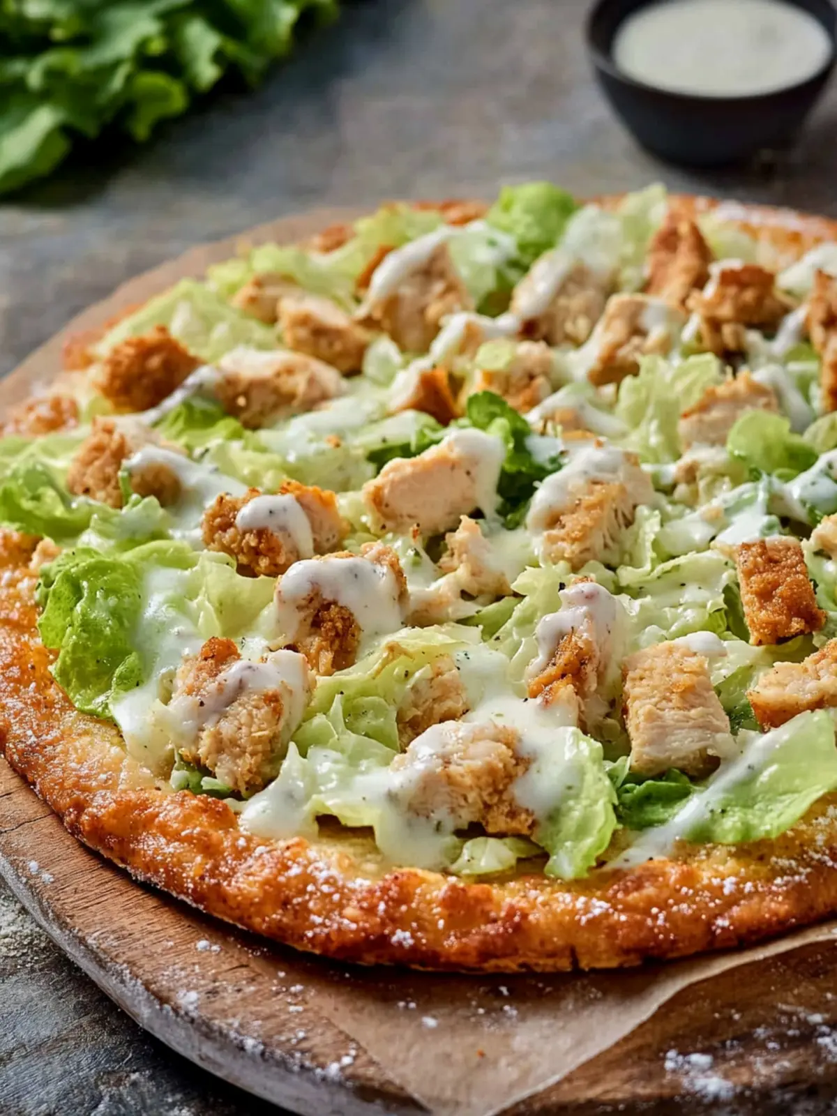 Chicken Crust Pizza Topped with Caesar Salad