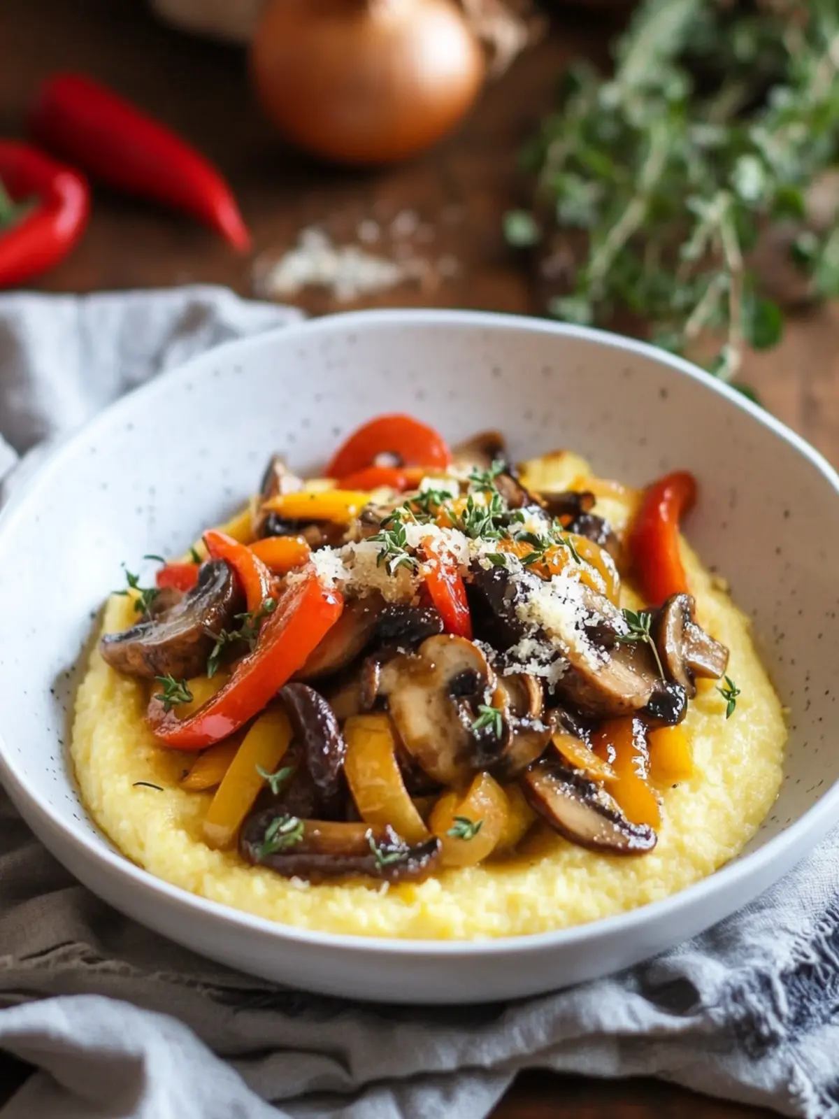 Creamy Polenta with Caramelized Onions, Peppers, and Mushrooms
