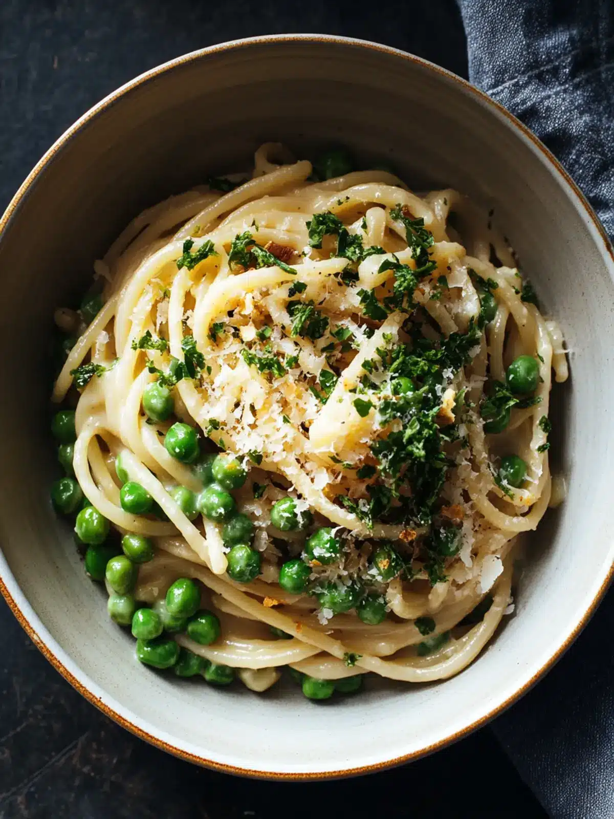 Garlic Cream Bucatini with Peas and Asparagus