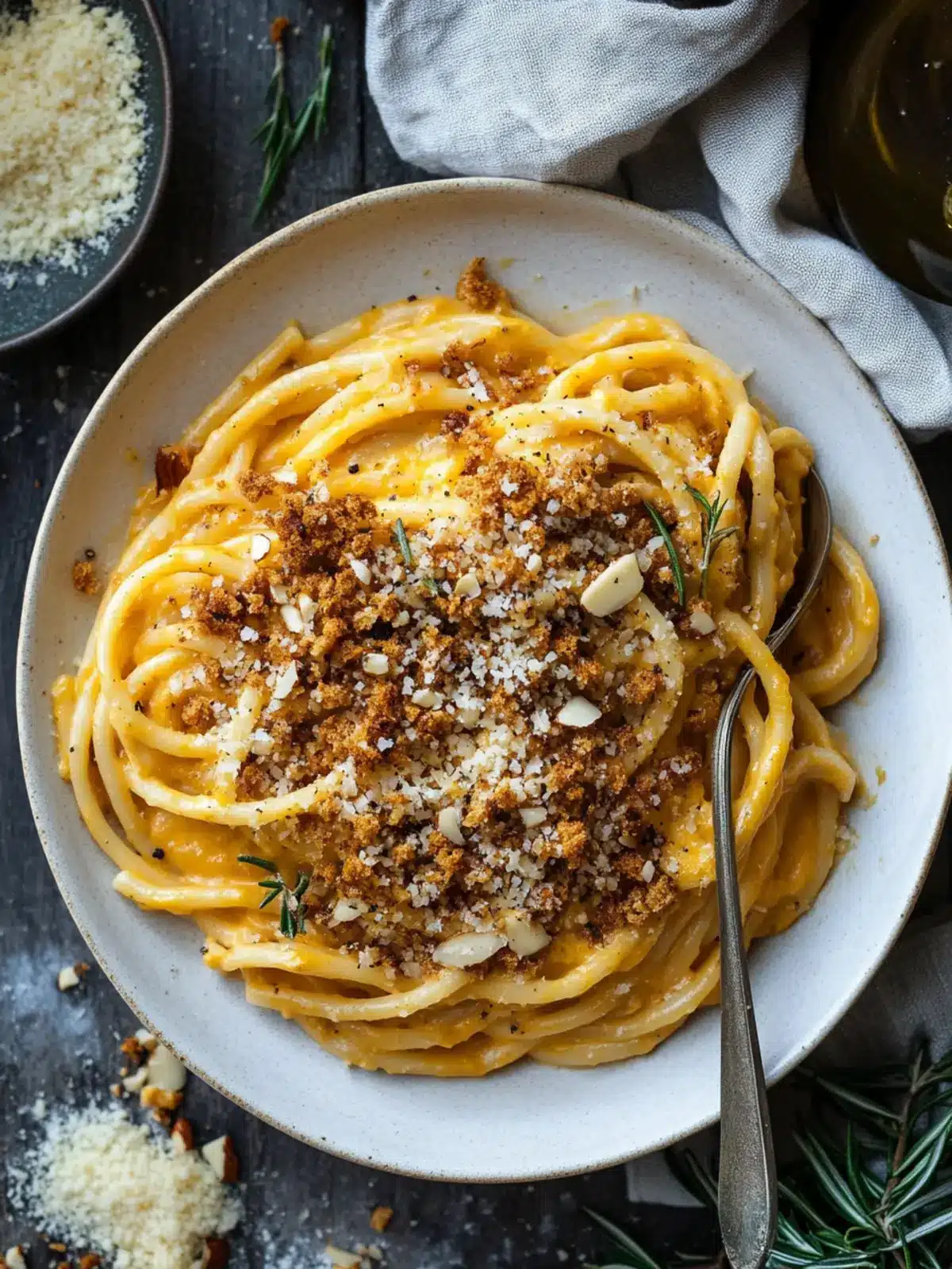 Creamy Pumpkin Pasta with Rosemary Almond Breadcrumbs