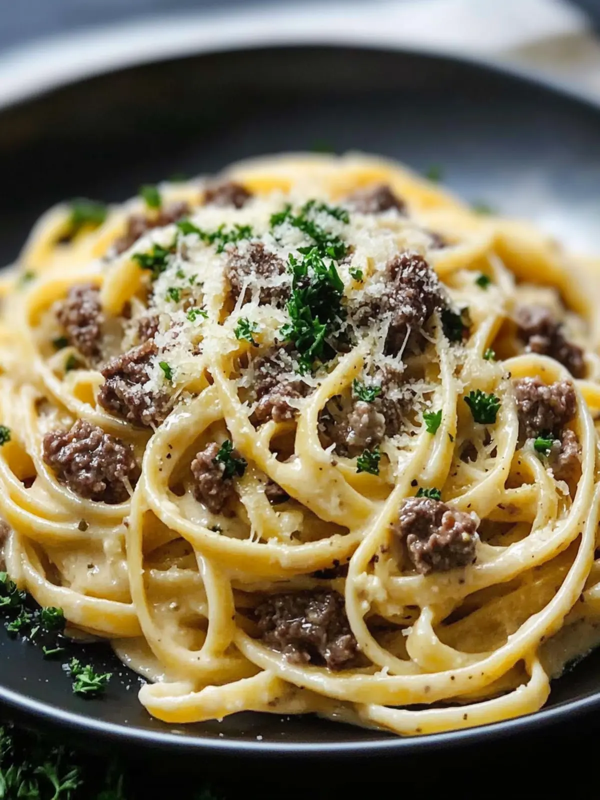 Creamy Parmesan Beef Linguine with Garlic Butter Sauce
