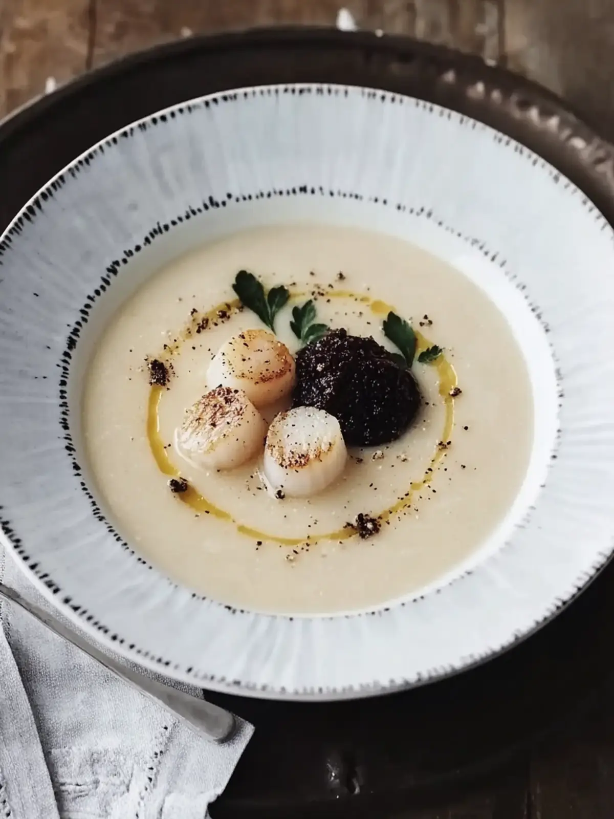 Celeriac soup with scallops & black pudding