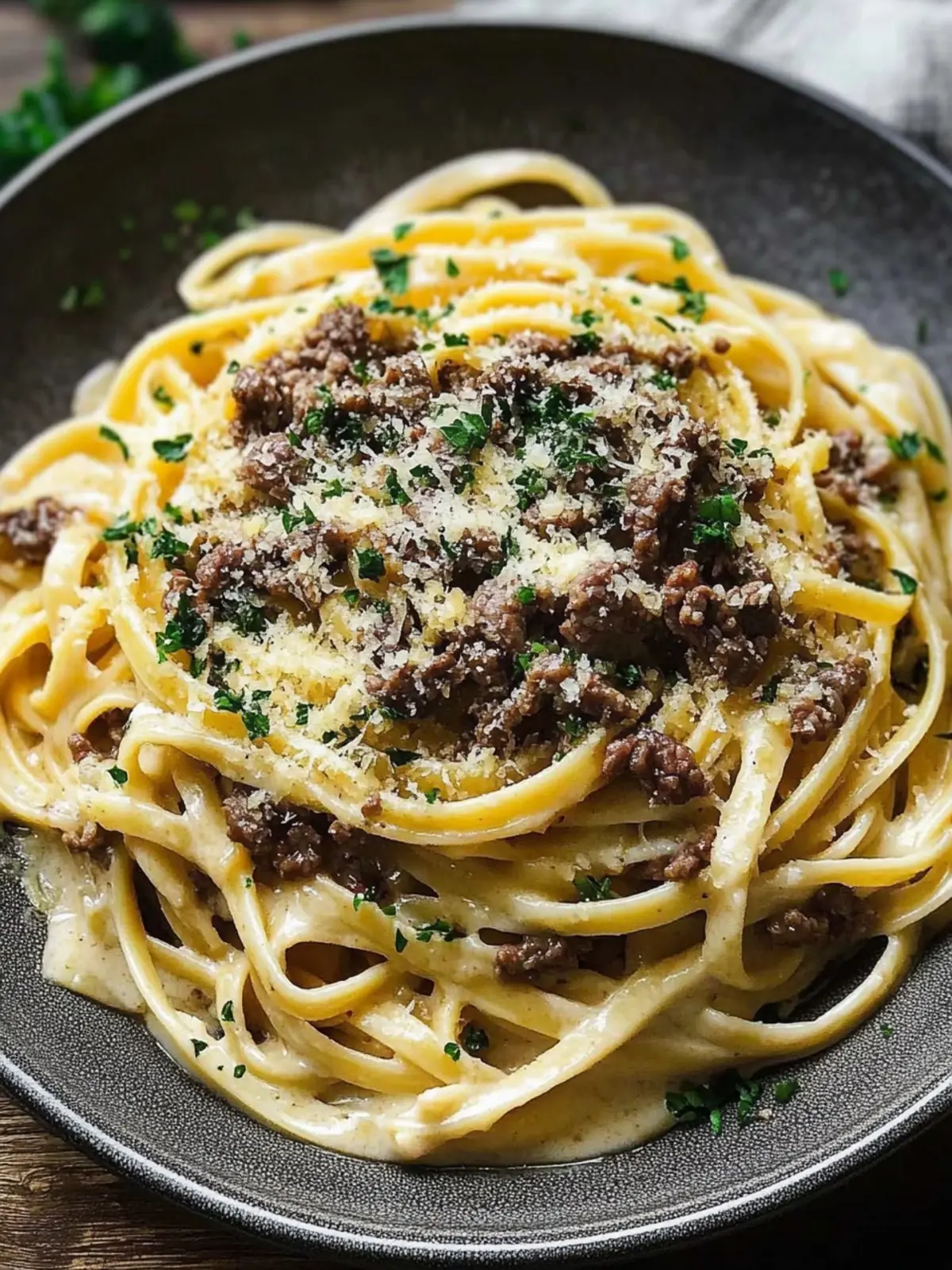 Creamy Parmesan Beef Linguine with Garlic Butter Sauce