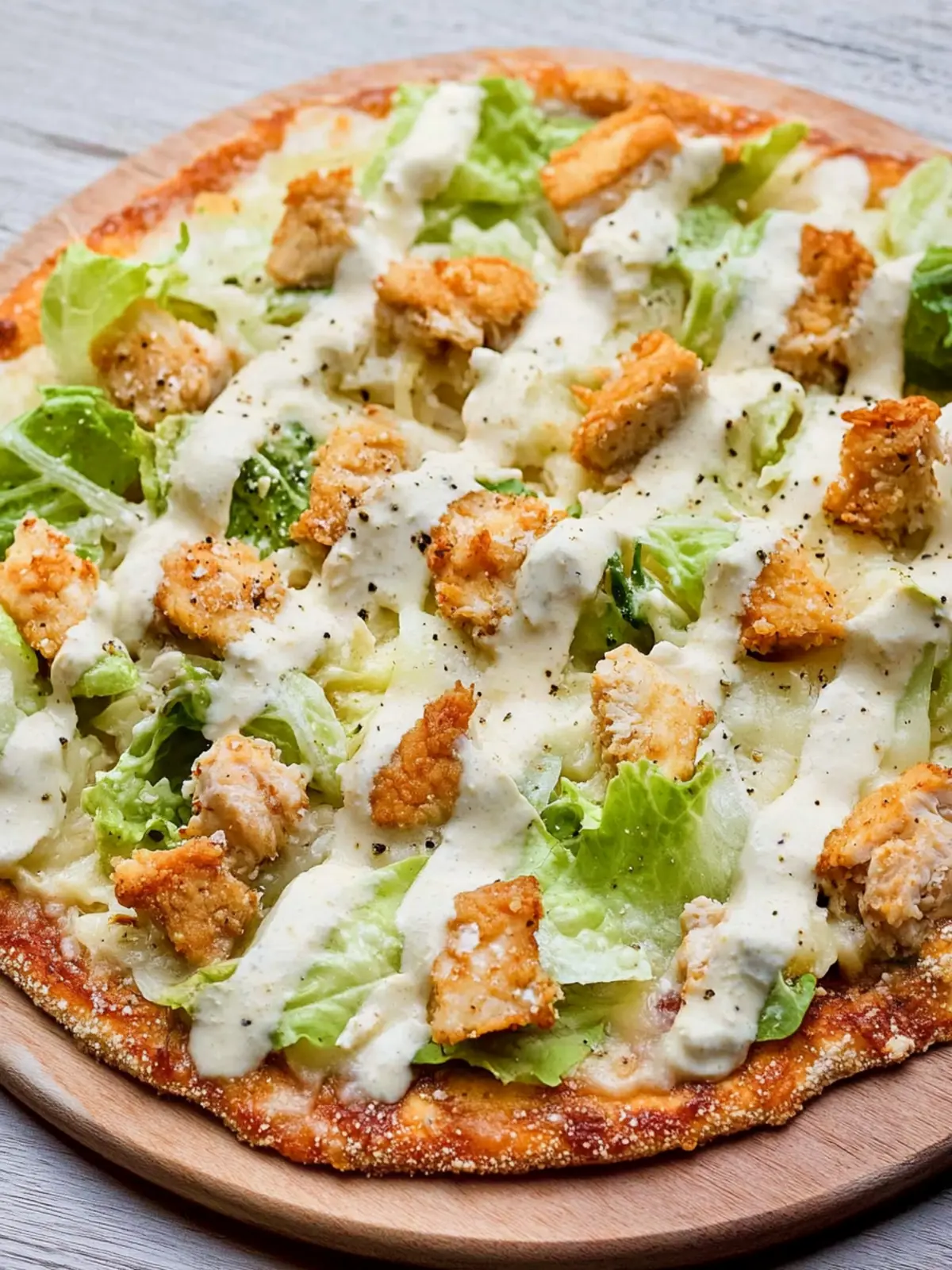 Chicken Crust Pizza Topped with Caesar Salad