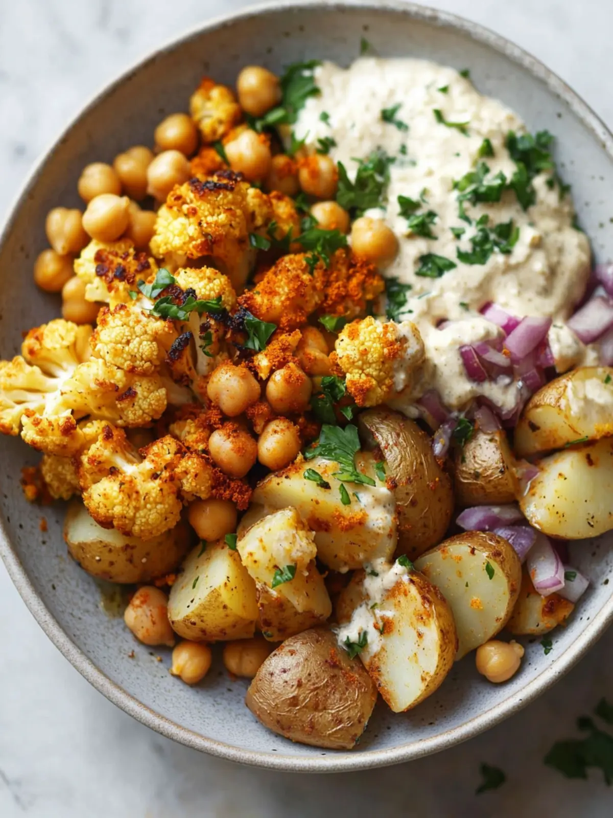 Roasted Cauliflower Chickpea Potato Bowl