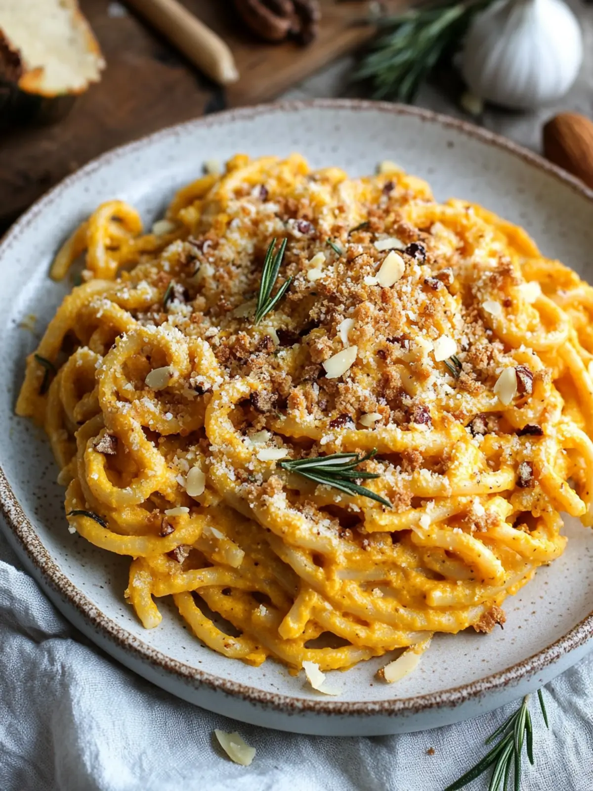 Creamy Pumpkin Pasta with Rosemary Almond Breadcrumbs