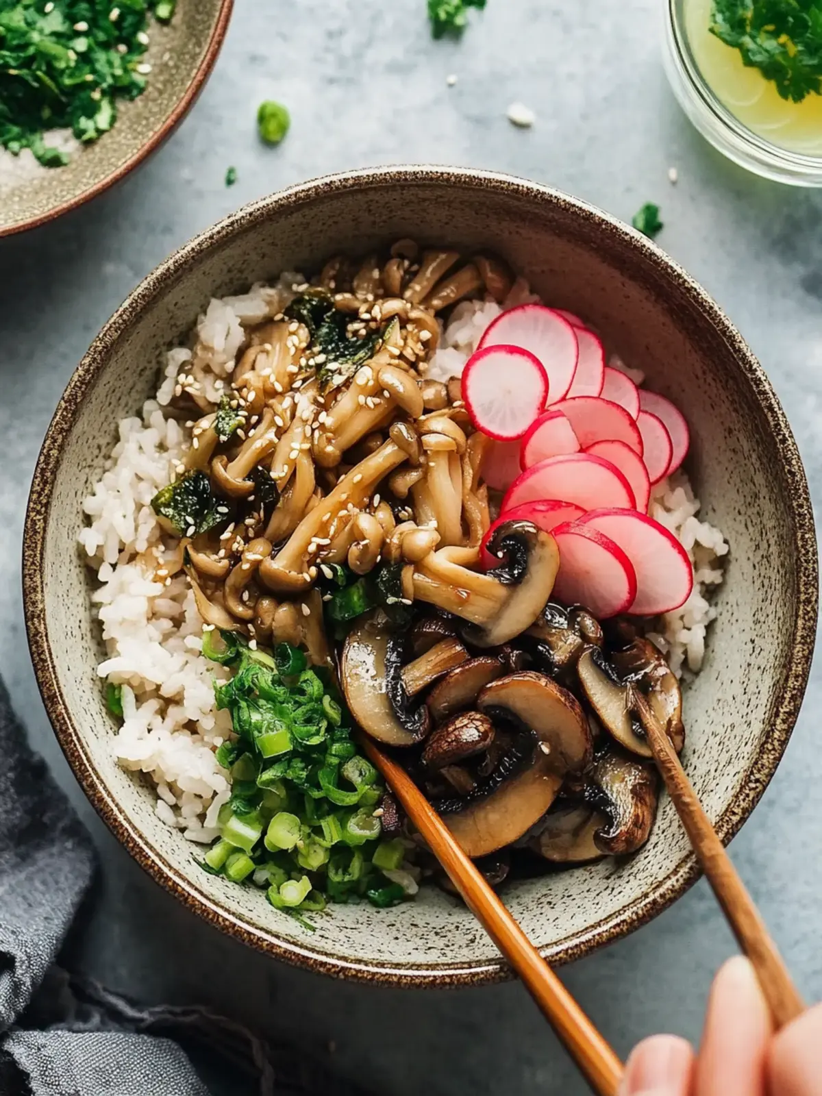 Miso Mushroom Rice Bowl with Pickled Radishes