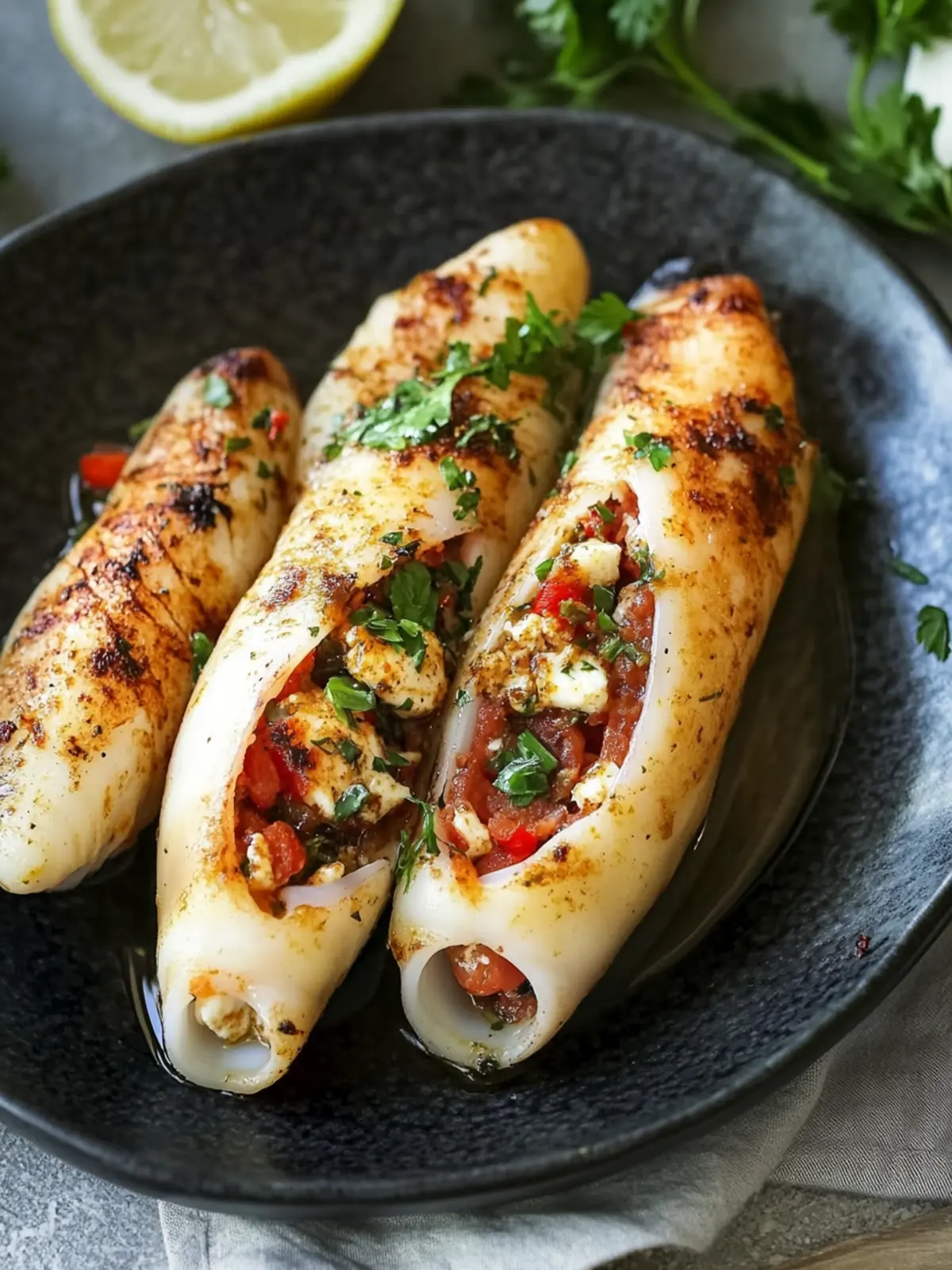 Squid stuffed with feta, parsley and chorizo