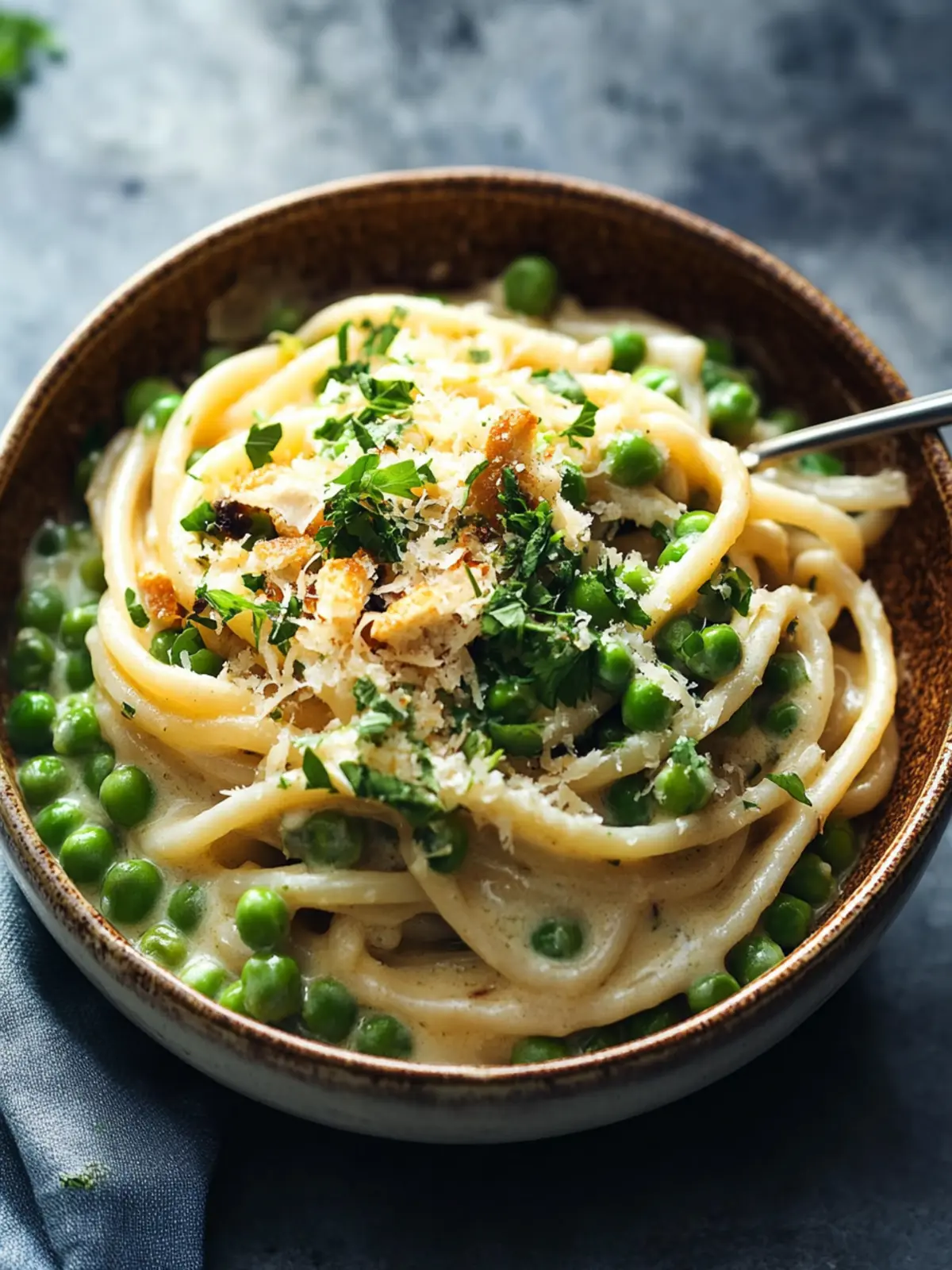 Garlic Cream Bucatini with Peas and Asparagus