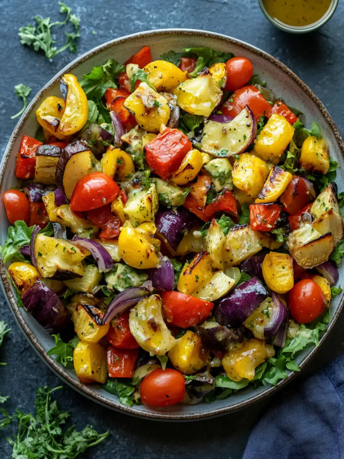 Warm Roasted Veggie Salad with Maple Dijon Vinaigrette