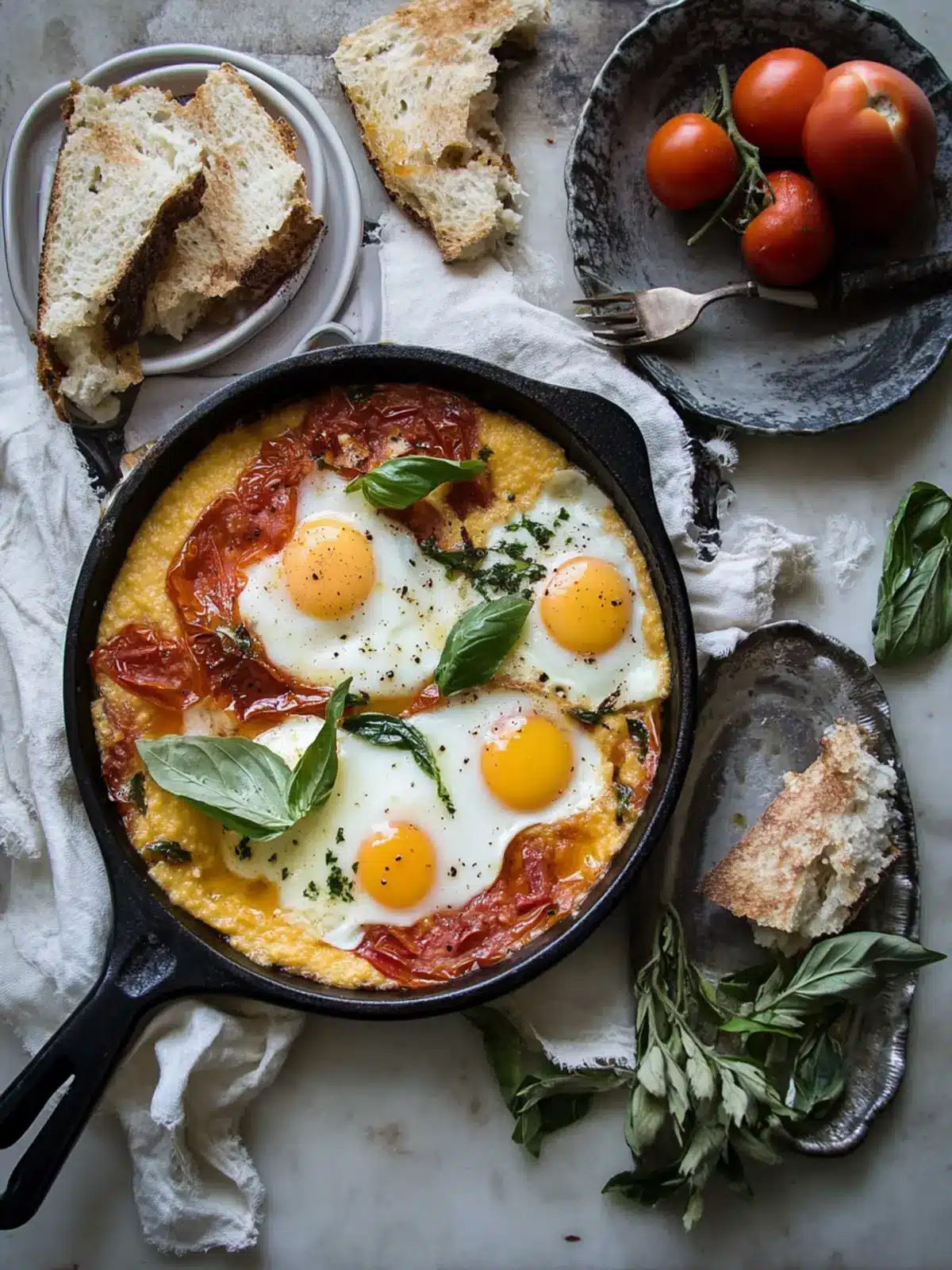tomato-braised eggs and creamy baked polenta