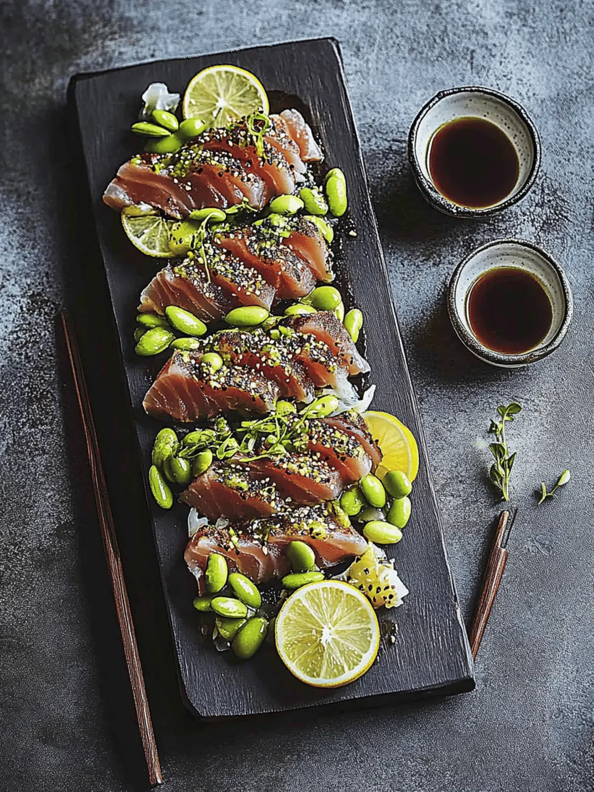 Sesame tuna tataki with wasabi and edamame