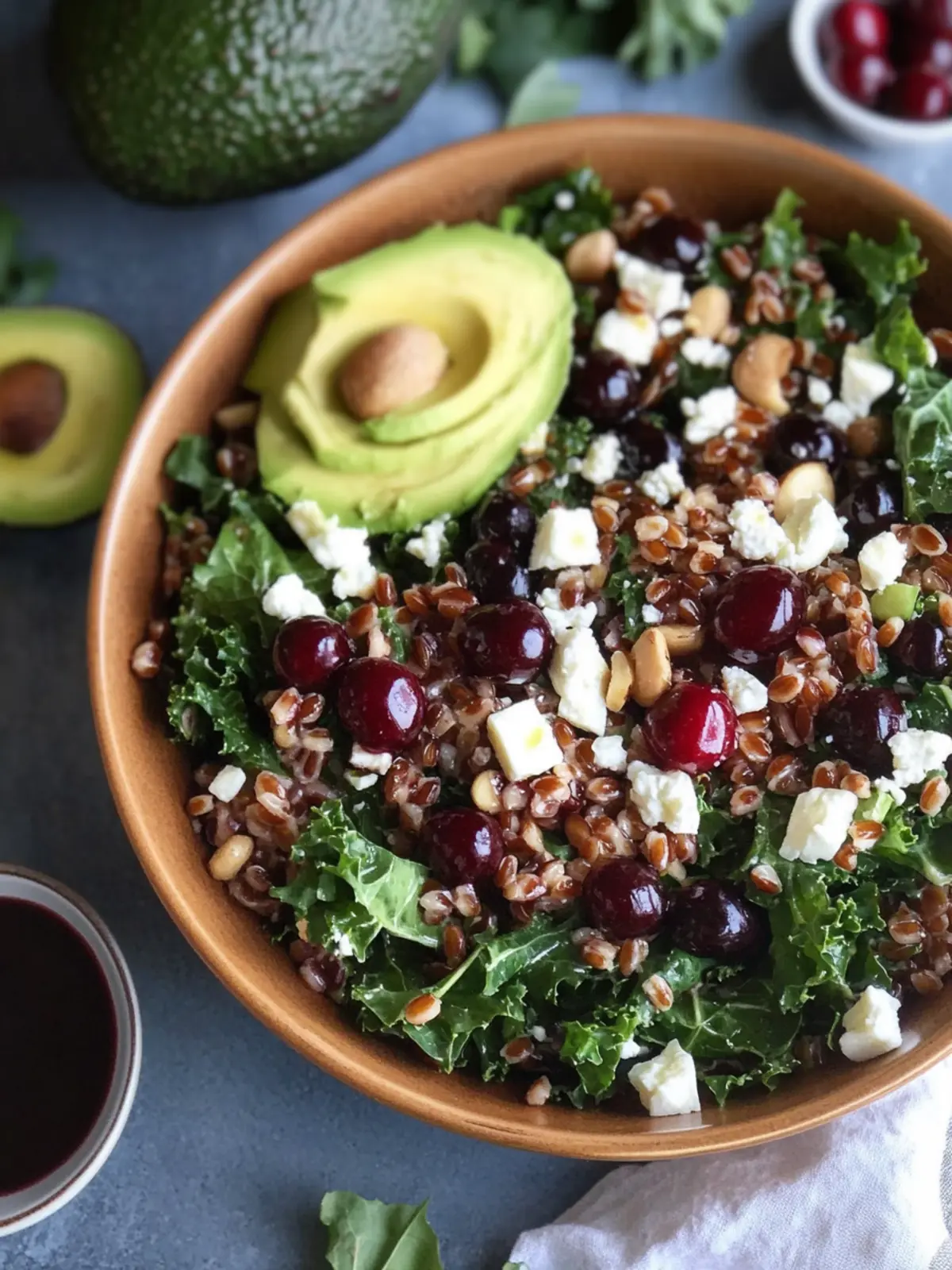 Cherry Kale Salad with Farro, Avocado, Feta, and Cherry Balsamic Vinaigrette