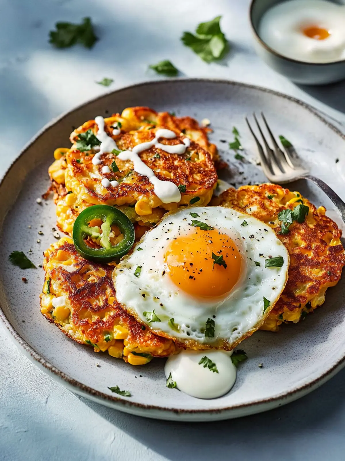 Sweetcorn and Jalape o Fritters with a Fried Egg Delight 4 Sweetcorn and jalape o fritters with a fried egg