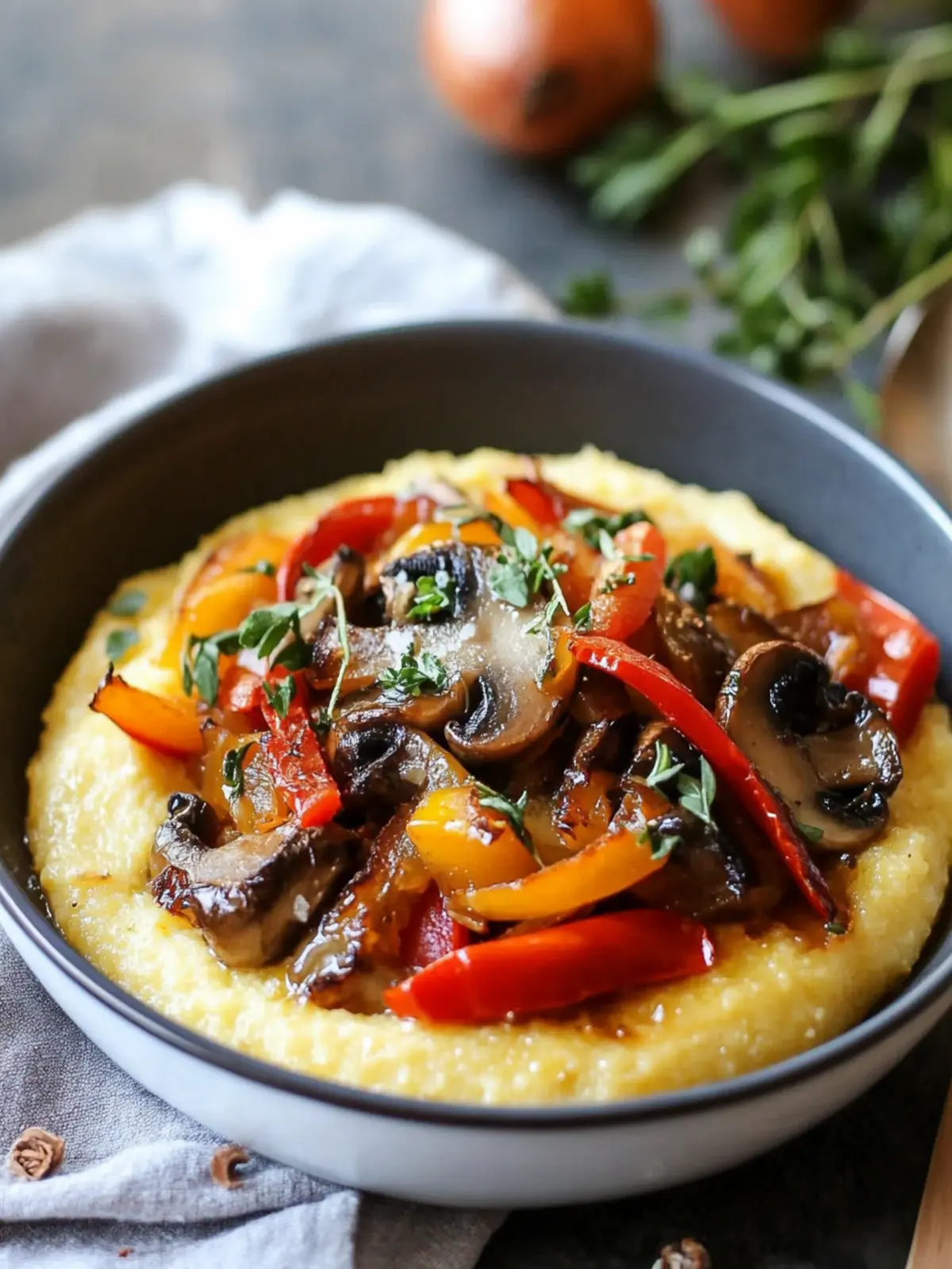 Creamy Polenta with Caramelized Onions, Peppers, and Mushrooms