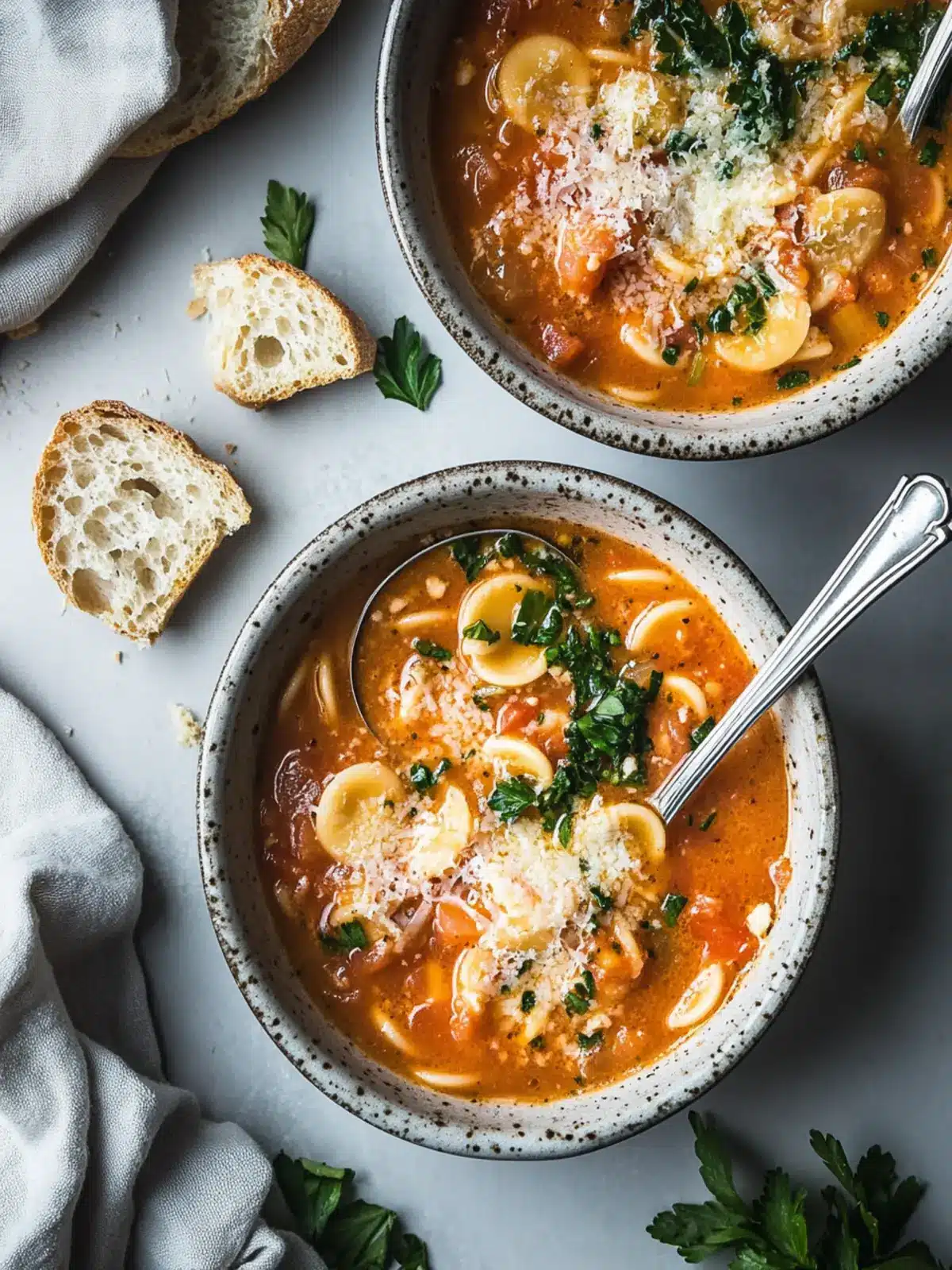 Butter Onion Tomato Soup with Pasta and Parmesan