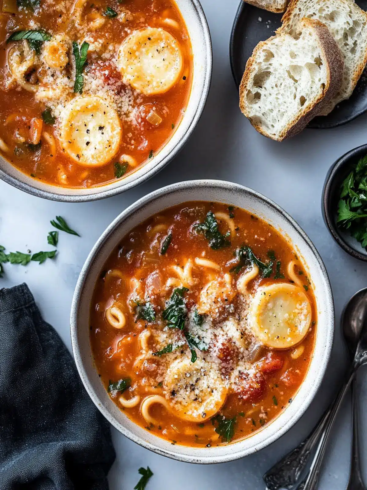 Butter Onion Tomato Soup with Pasta and Parmesan