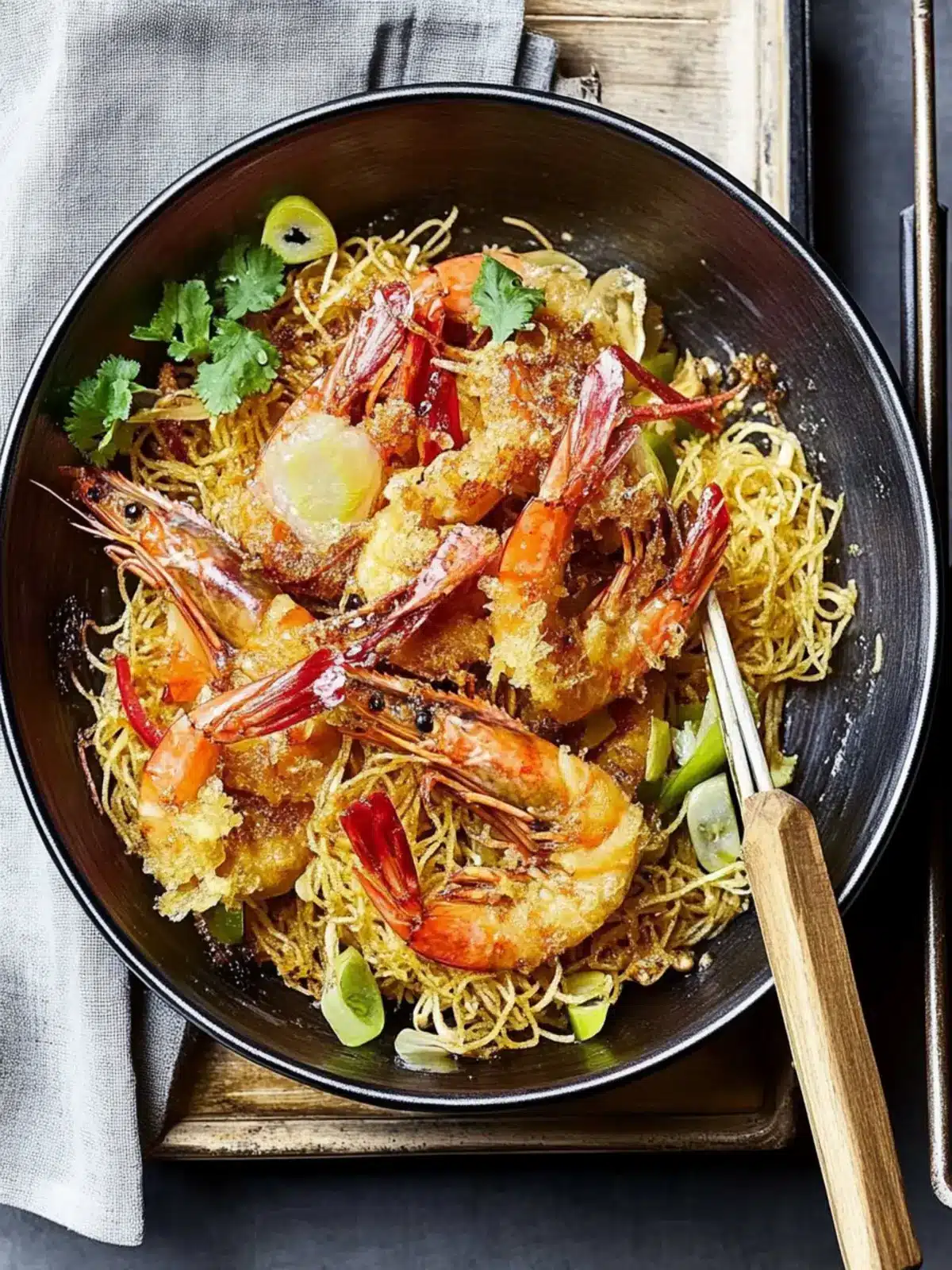 15-minute Singapore-style noodles with crispy prawns