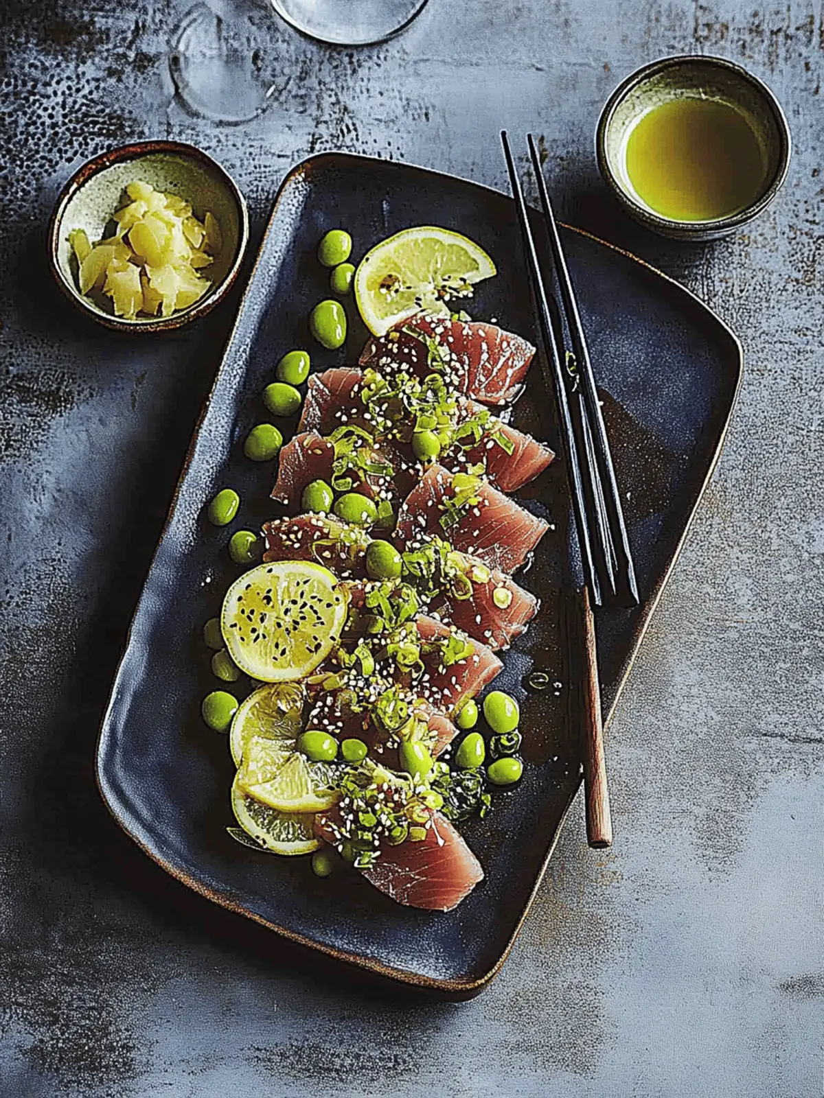 Sesame tuna tataki with wasabi and edamame