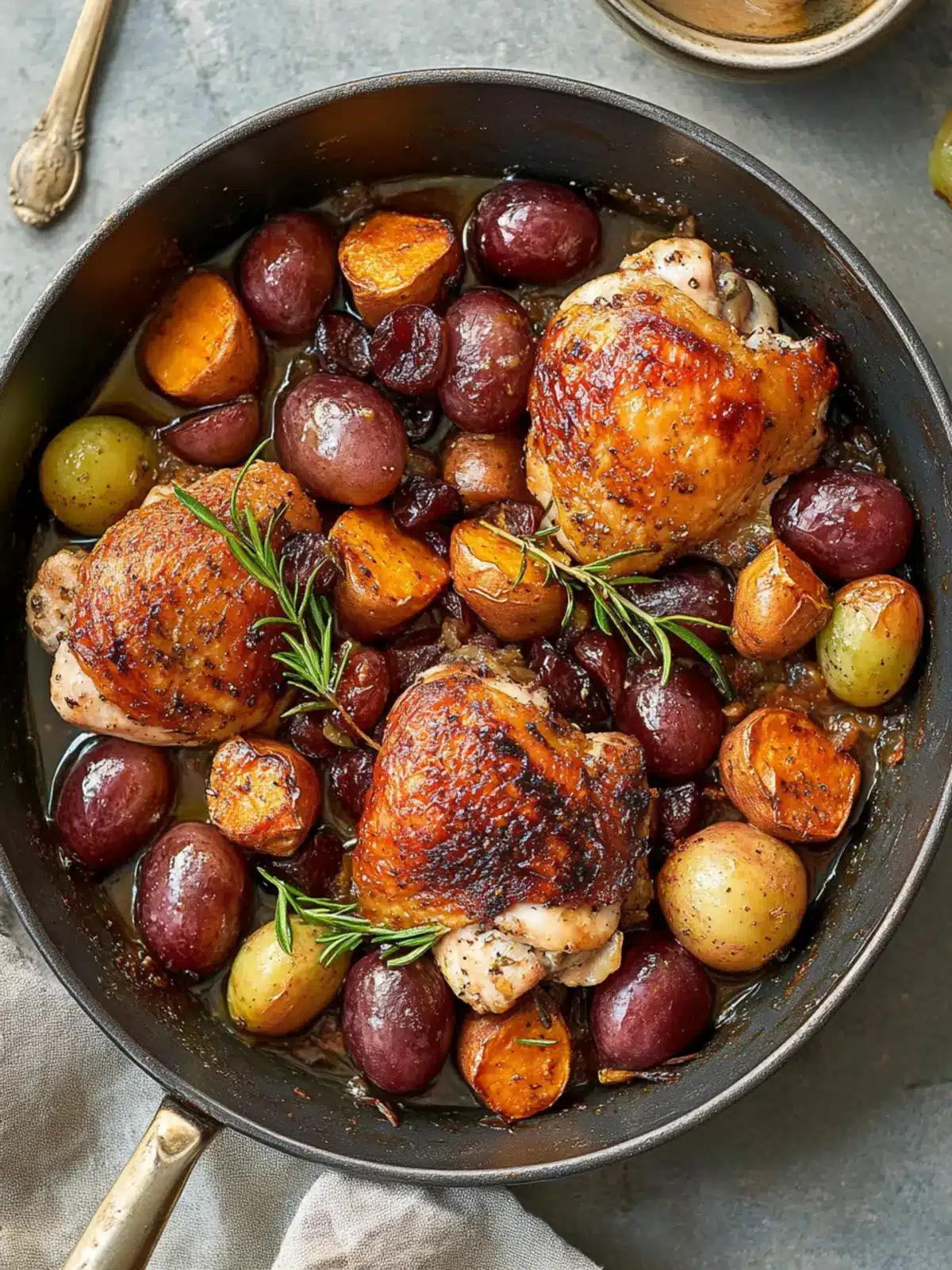 Pan-Roasted Chicken Thighs with California Grapes and Sweet Potatoes