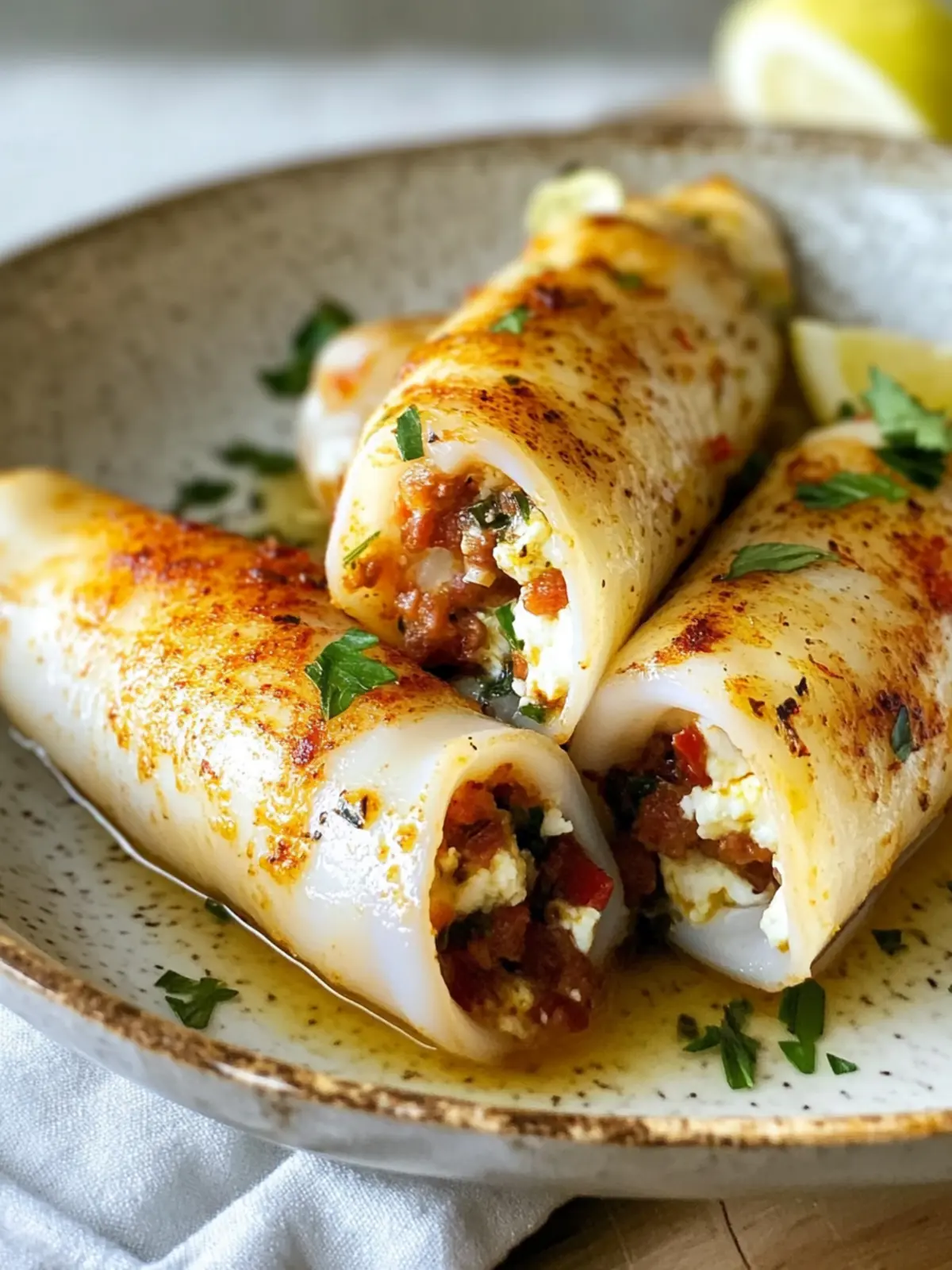 Squid stuffed with feta, parsley and chorizo