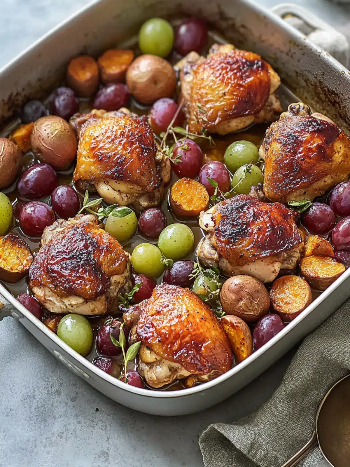 Pan-Roasted Chicken Thighs with California Grapes and Sweet Potatoes