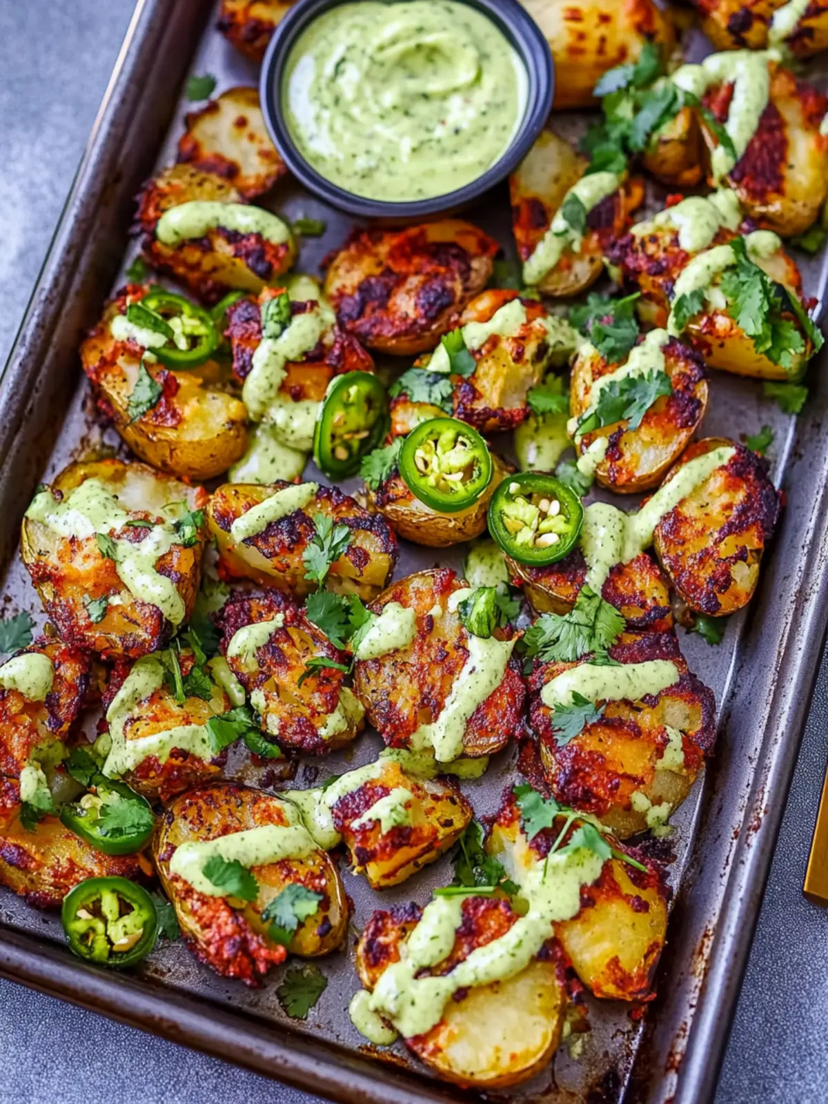 Crispy Smashed Sheet Pan Potatoes with Jalape o Cilantro Aioli
