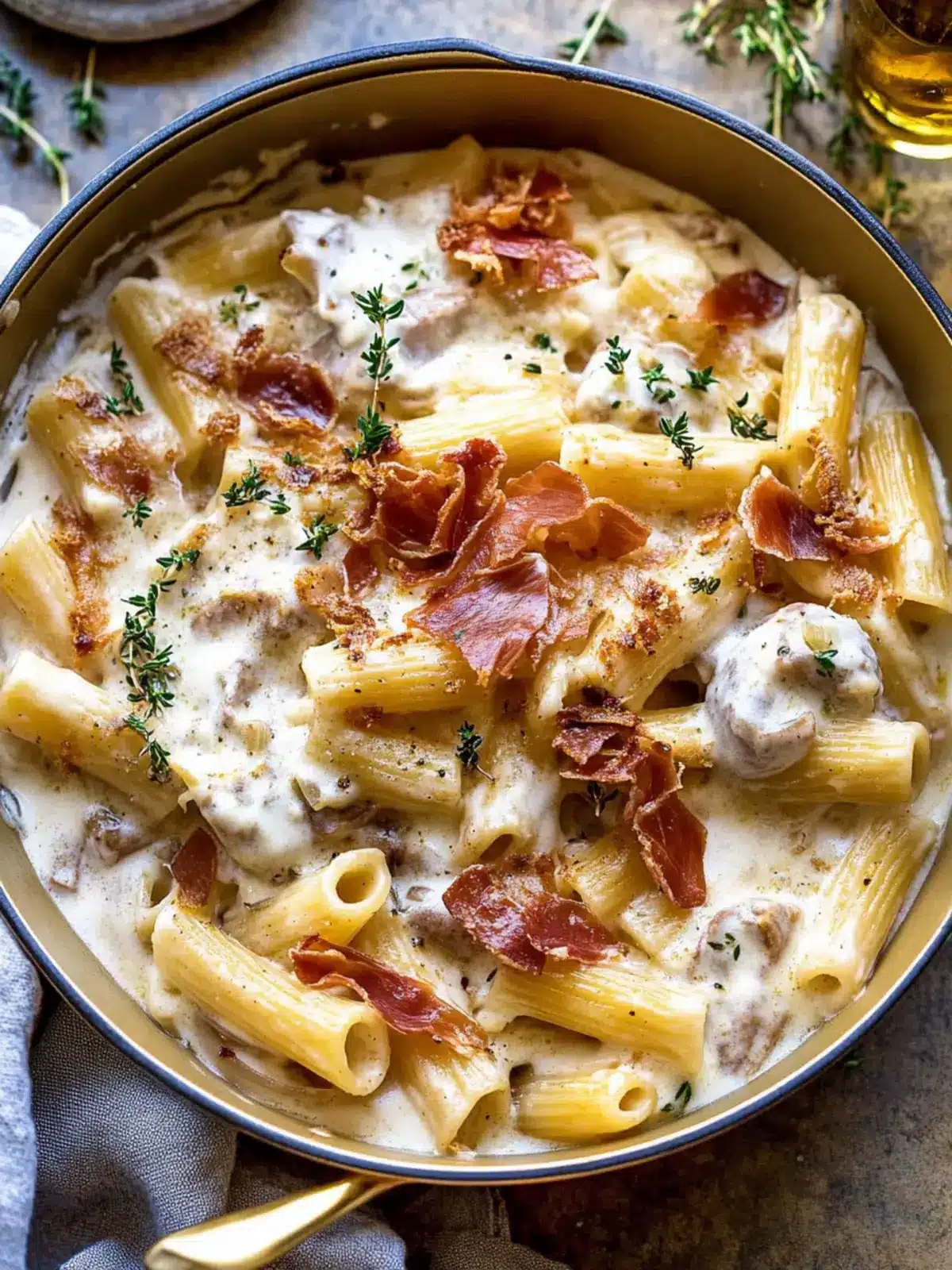 One Pot French Onion Pasta with Crispy Prosciutto