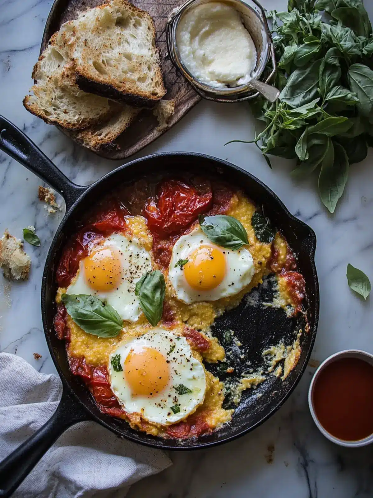 tomato-braised eggs and creamy baked polenta