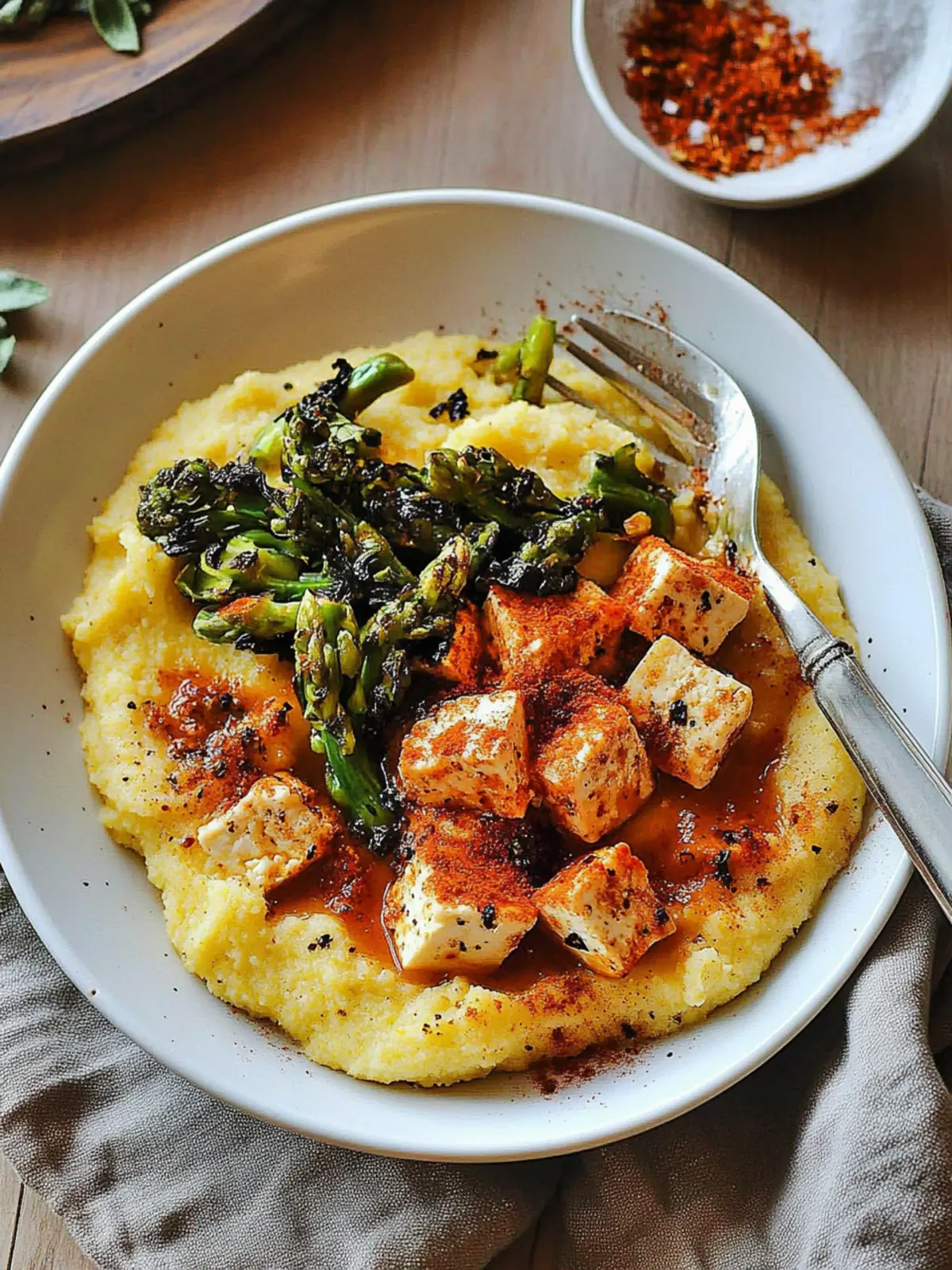Vegan Cacio E Pepe Polenta with Spicy Tofu