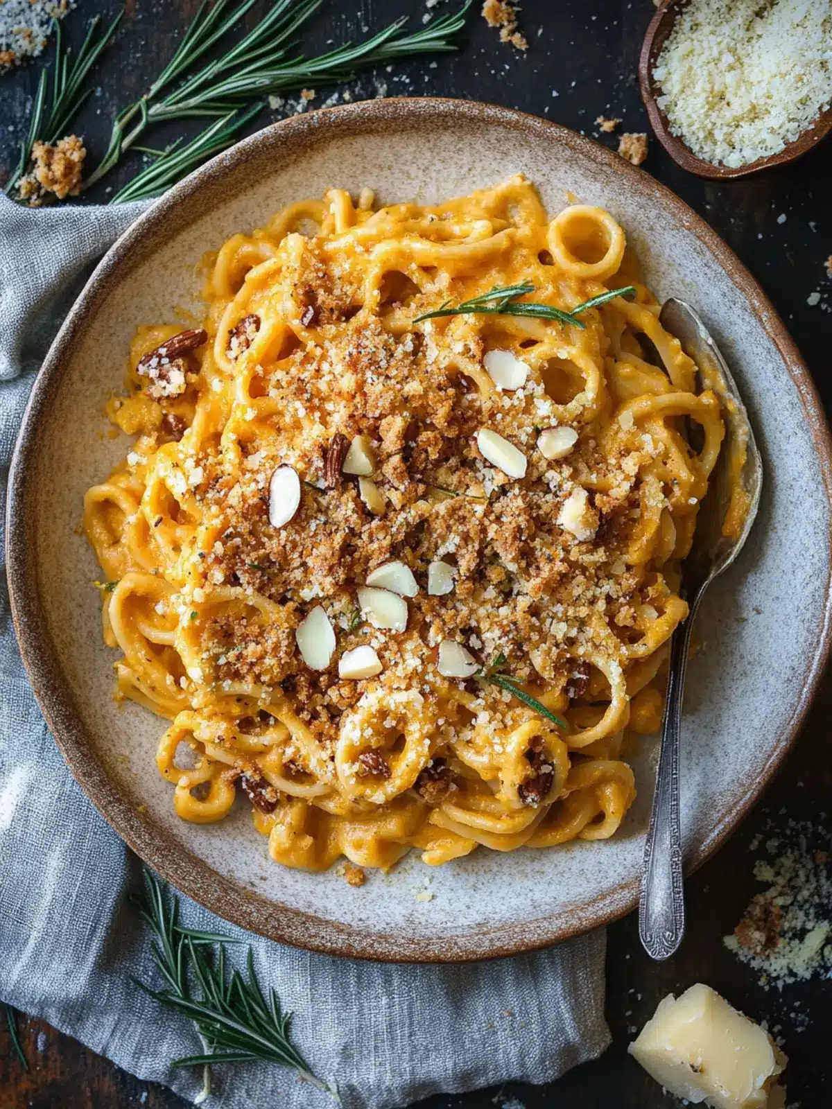 Creamy Pumpkin Pasta with Rosemary Almond Breadcrumbs