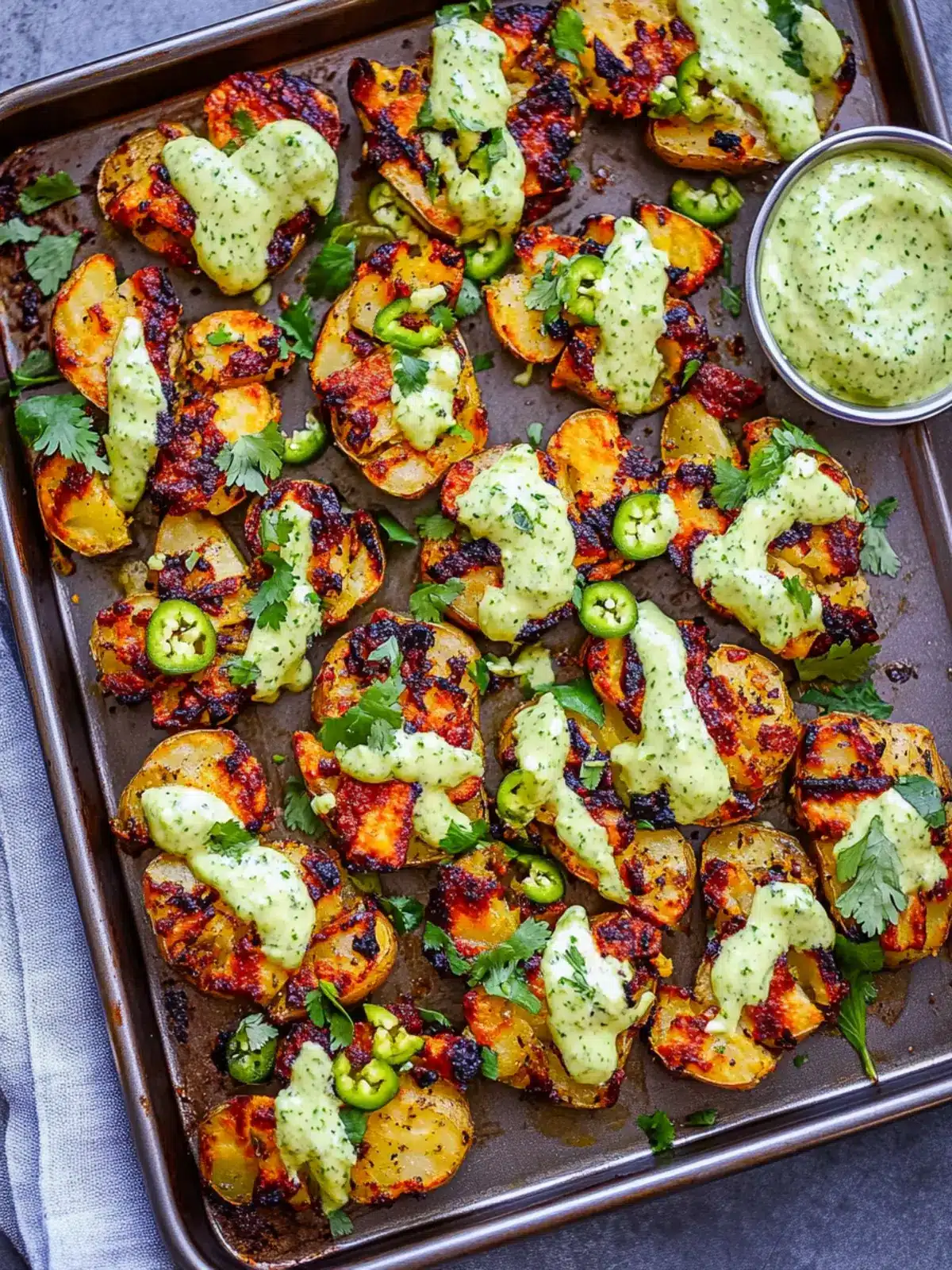 Crispy Smashed Sheet Pan Potatoes with Jalape o Cilantro Aioli