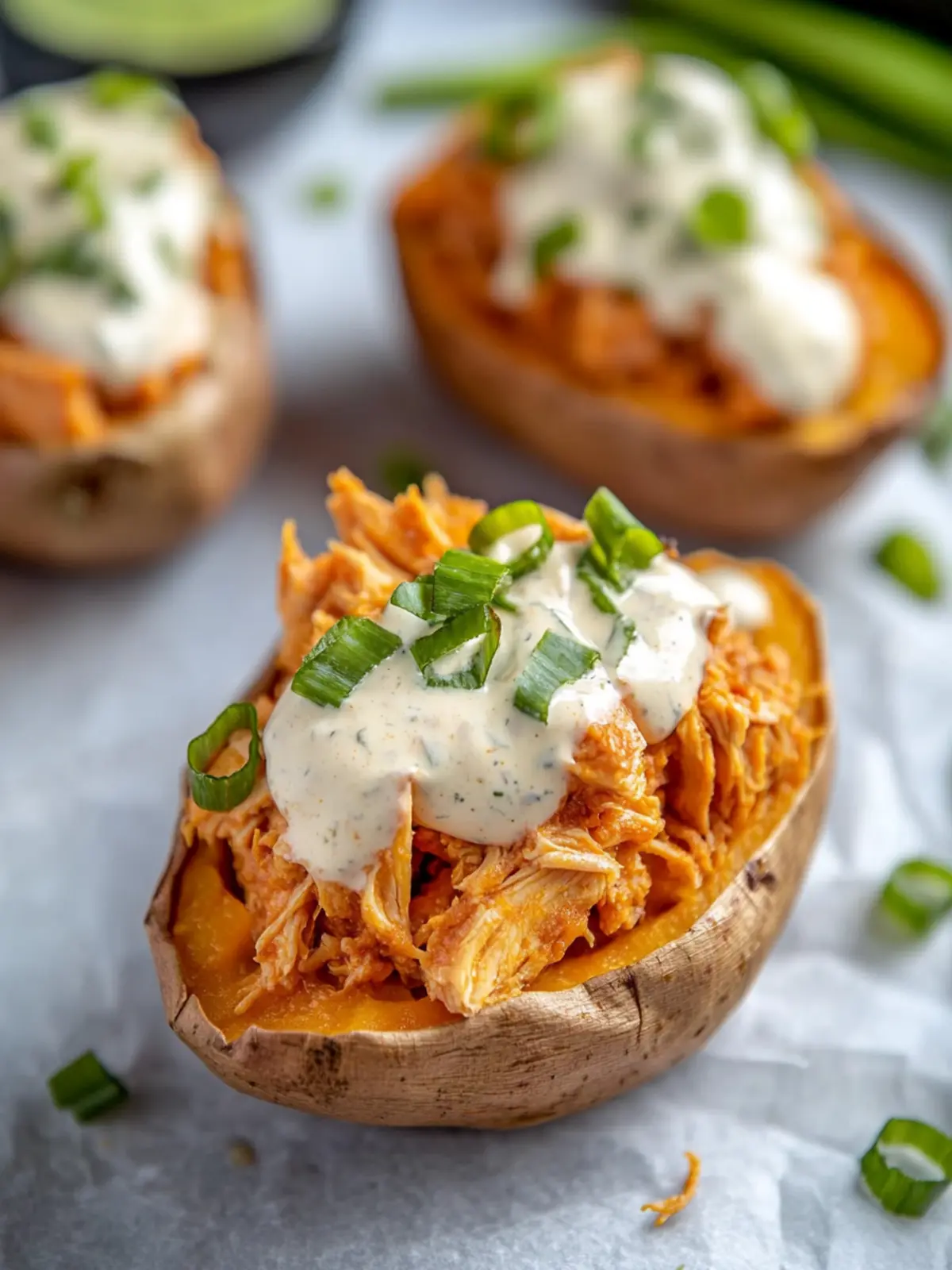 Stuffed Sweet Potatoes with Buffalo Chicken & Ranch