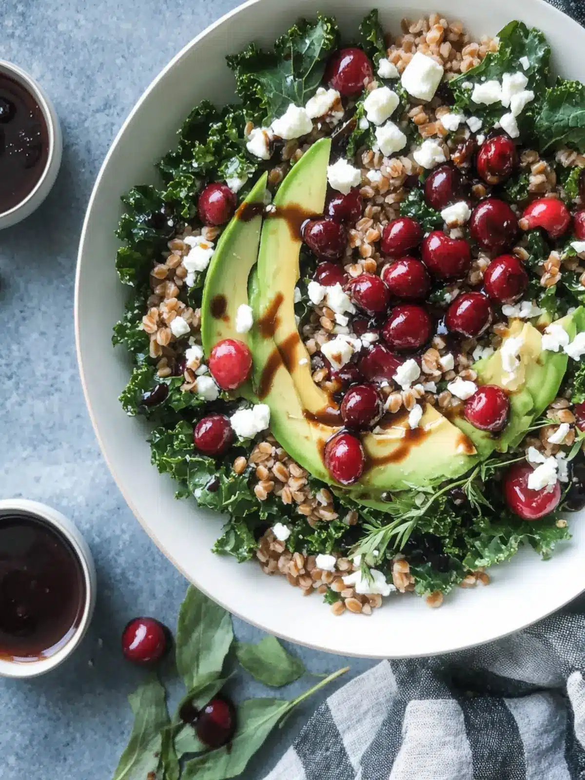 Cherry Kale Salad with Farro, Avocado, Feta, and Cherry Balsamic Vinaigrette