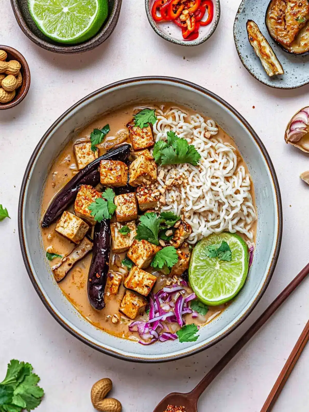 Tofu and Aubergine Peanut Ramen Noodles (Vegan Gluten-Free)