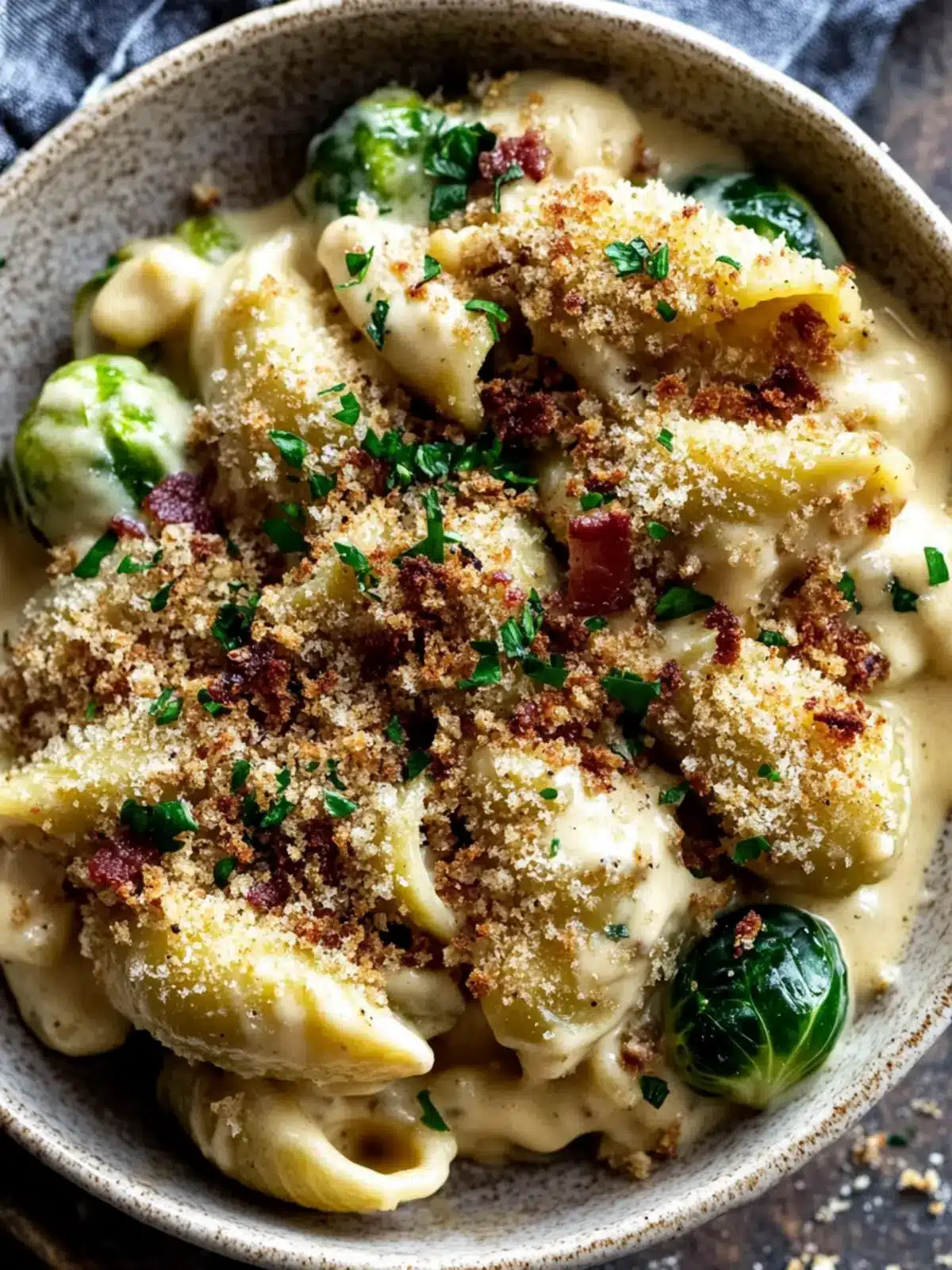 Mac and Cheese with Brussels Sprouts & Bacon Breadcrumbs