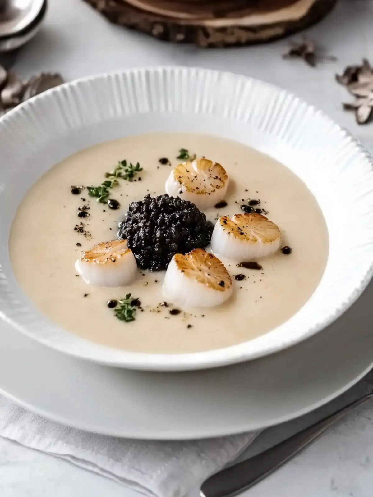 Celeriac soup with scallops & black pudding